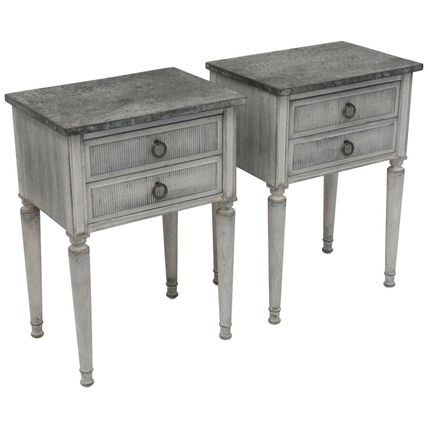 Pair of Small Painted Blue-Gray Nightstands/End Tables with Two Drawers, Belgium