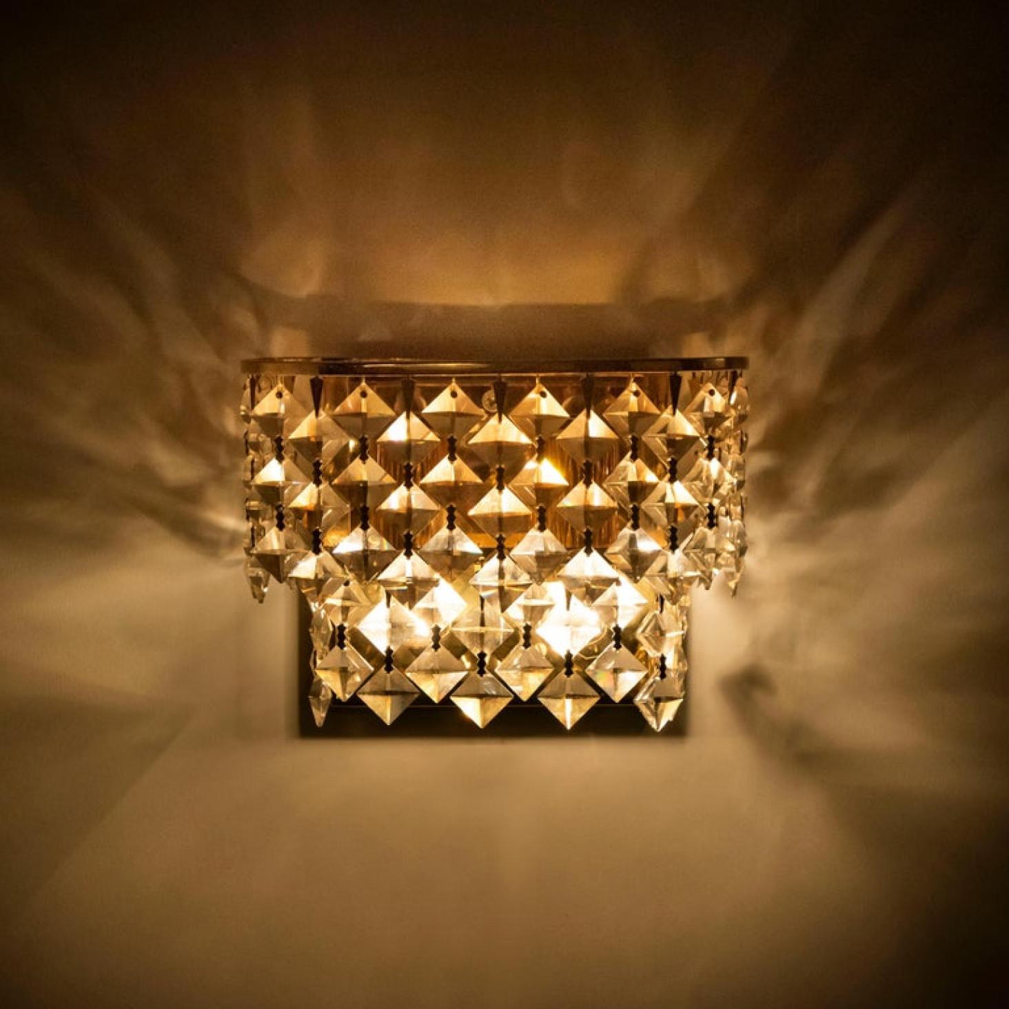 Austrian Pair of Small Palwa Wall Sconces, Gilded Brass and Crystal Glass, Germany, 1960s For Sale