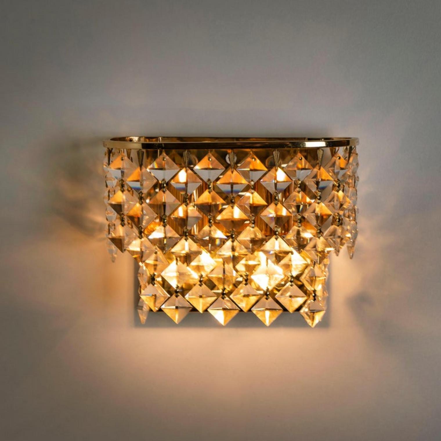 Gilt Pair of Small Palwa Wall Sconces, Gilded Brass and Crystal Glass, Germany, 1960s For Sale