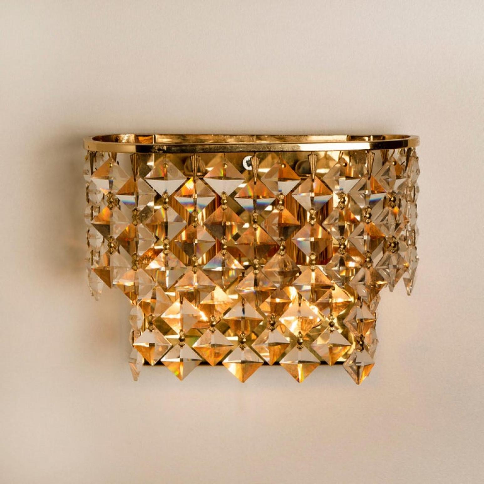 Pair of Small Palwa Wall Sconces, Gilded Brass and Crystal Glass, Germany, 1960s For Sale 1