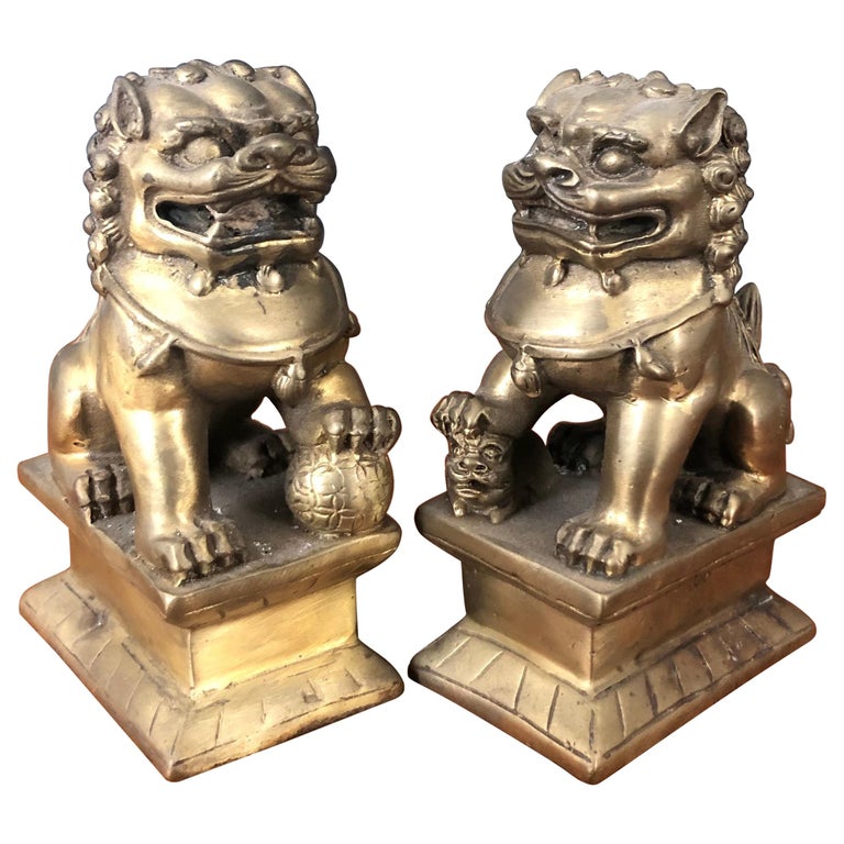 Pair of Small Patinated Bronze Chinese Foo Dogs For Sale at 1stDibs
