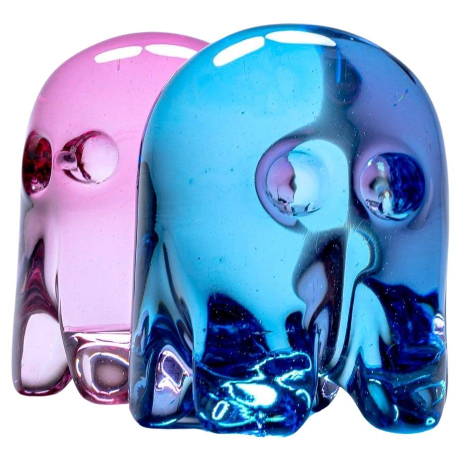 Pair of Small Pink & Blue Glass Pac-Man Ghost Glass Sculptures by Dylan Martinez For Sale