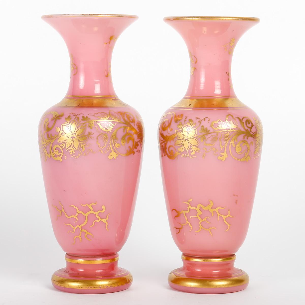 French Pair of Small Pink Opaline Vases, 19th Century.