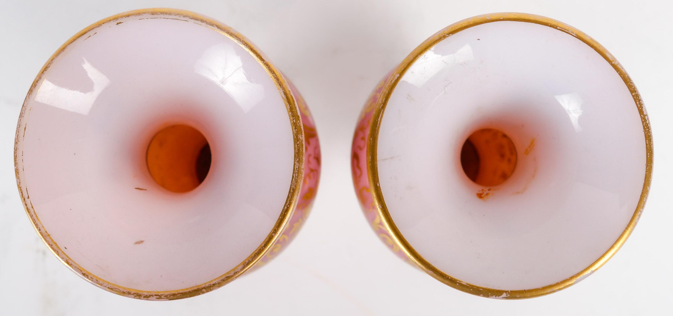 Enameled Pair of Small Pink Opaline Vases, 19th Century.