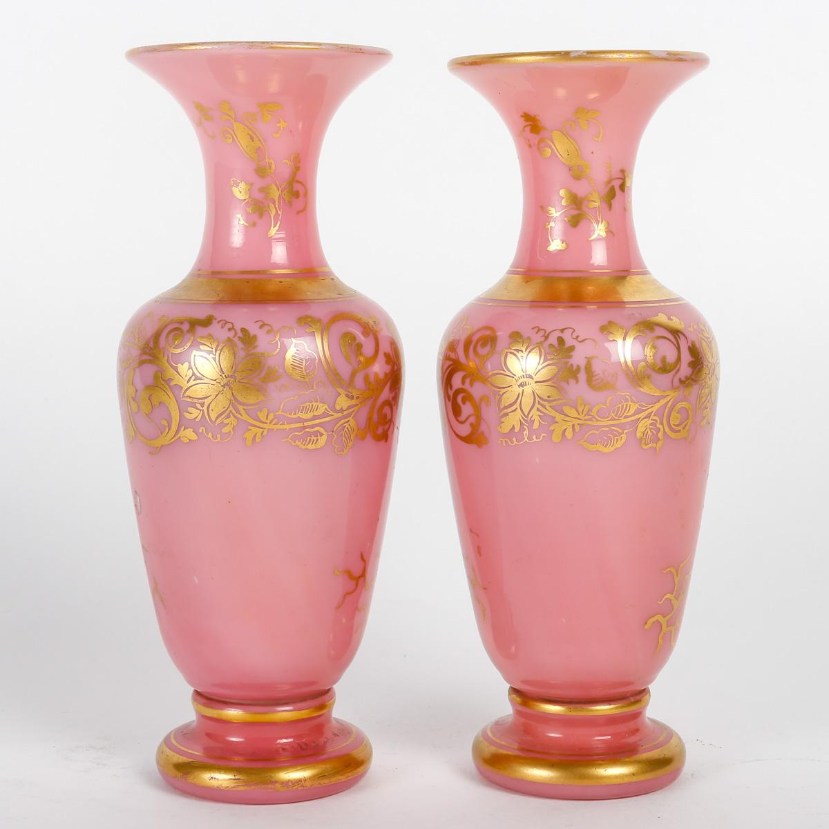 Opaline Glass Pair of Small Pink Opaline Vases, 19th Century.