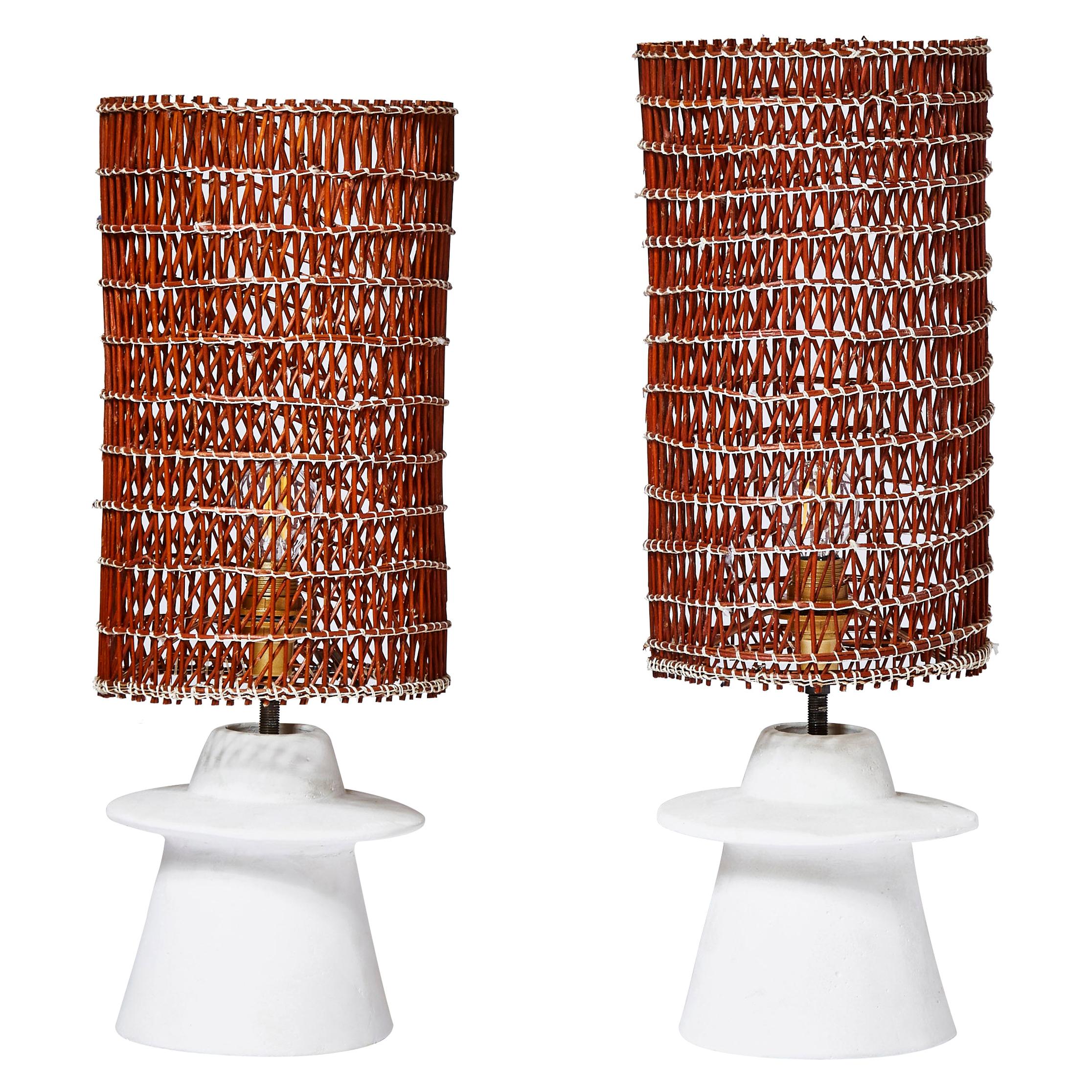 Pair of Small Plaster and Wicker Table Lamps