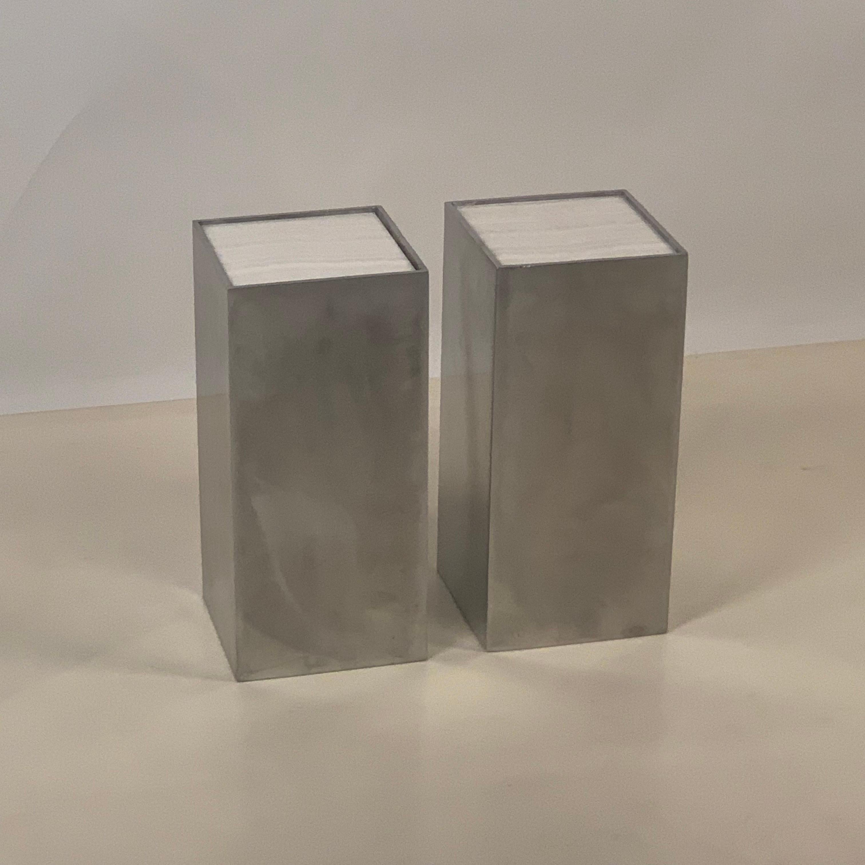 Pair of Small Polished Aluminum and White Onyx Minimalist Side or Drinks Tables In Excellent Condition In Los Angeles, CA