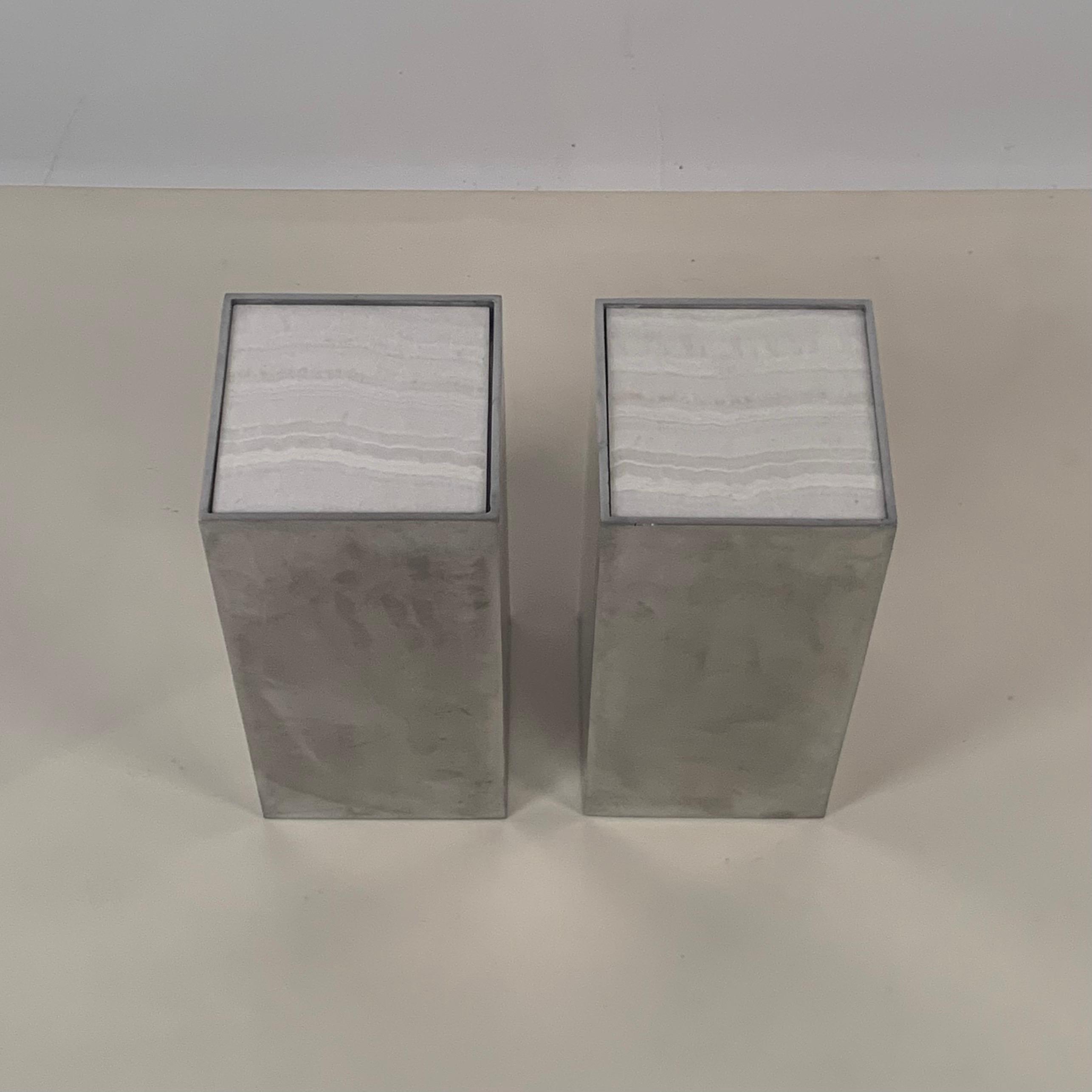 Late 20th Century Pair of Small Polished Aluminum and White Onyx Minimalist Side or Drinks Tables