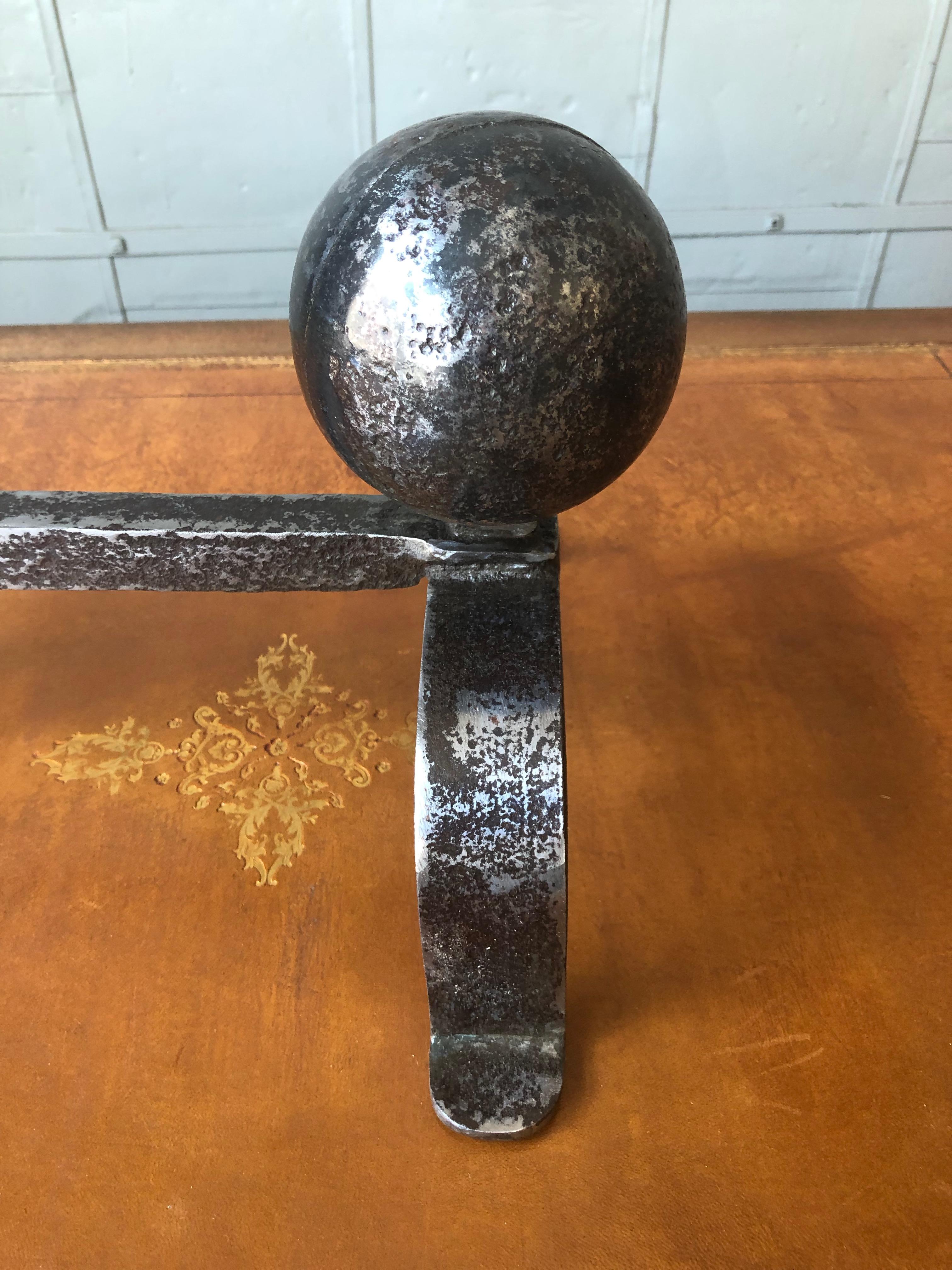 Pair of Small Polished Iron Andirons with Large Ball Mounts 4