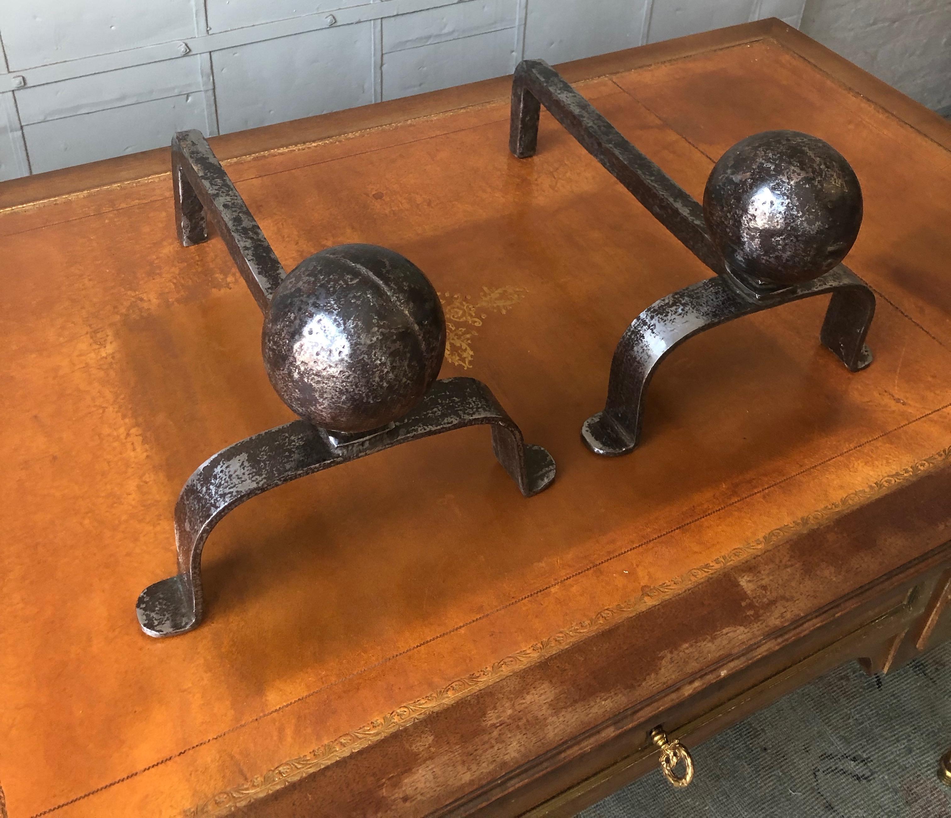 Art Deco Pair of Small Polished Iron Andirons with Large Ball Mounts