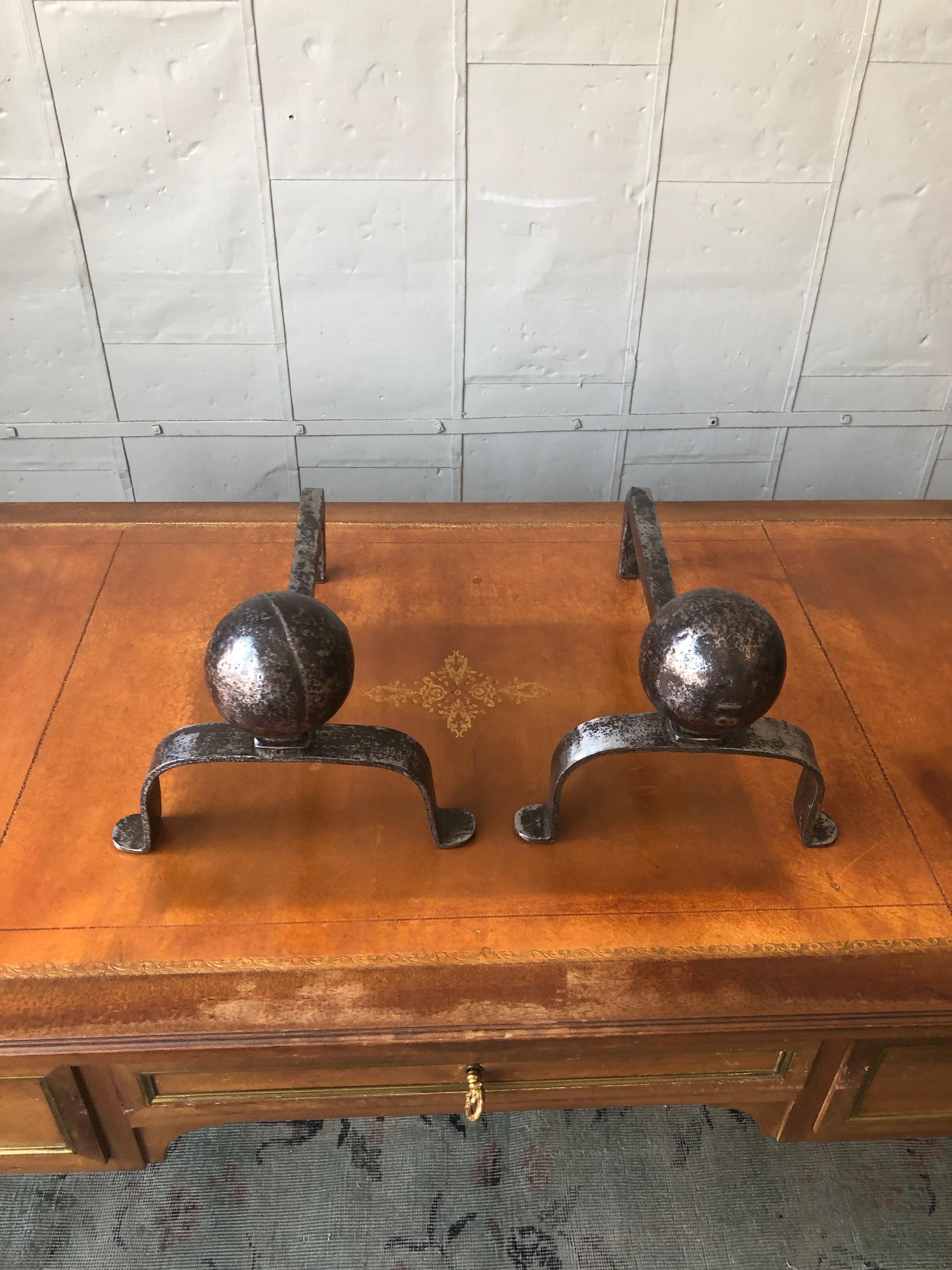 French Pair of Small Polished Iron Andirons with Large Ball Mounts