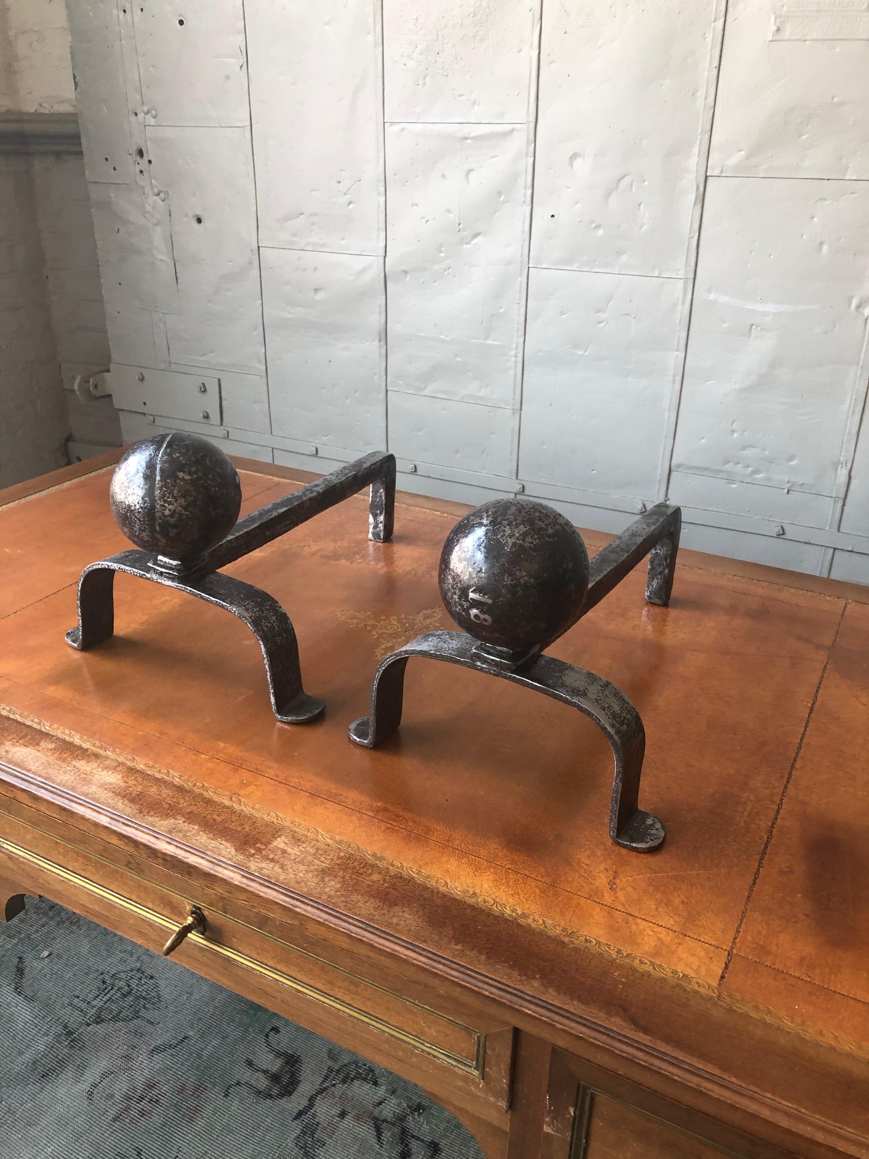 Pair of Small Polished Iron Andirons with Large Ball Mounts In Good Condition In Buchanan, NY