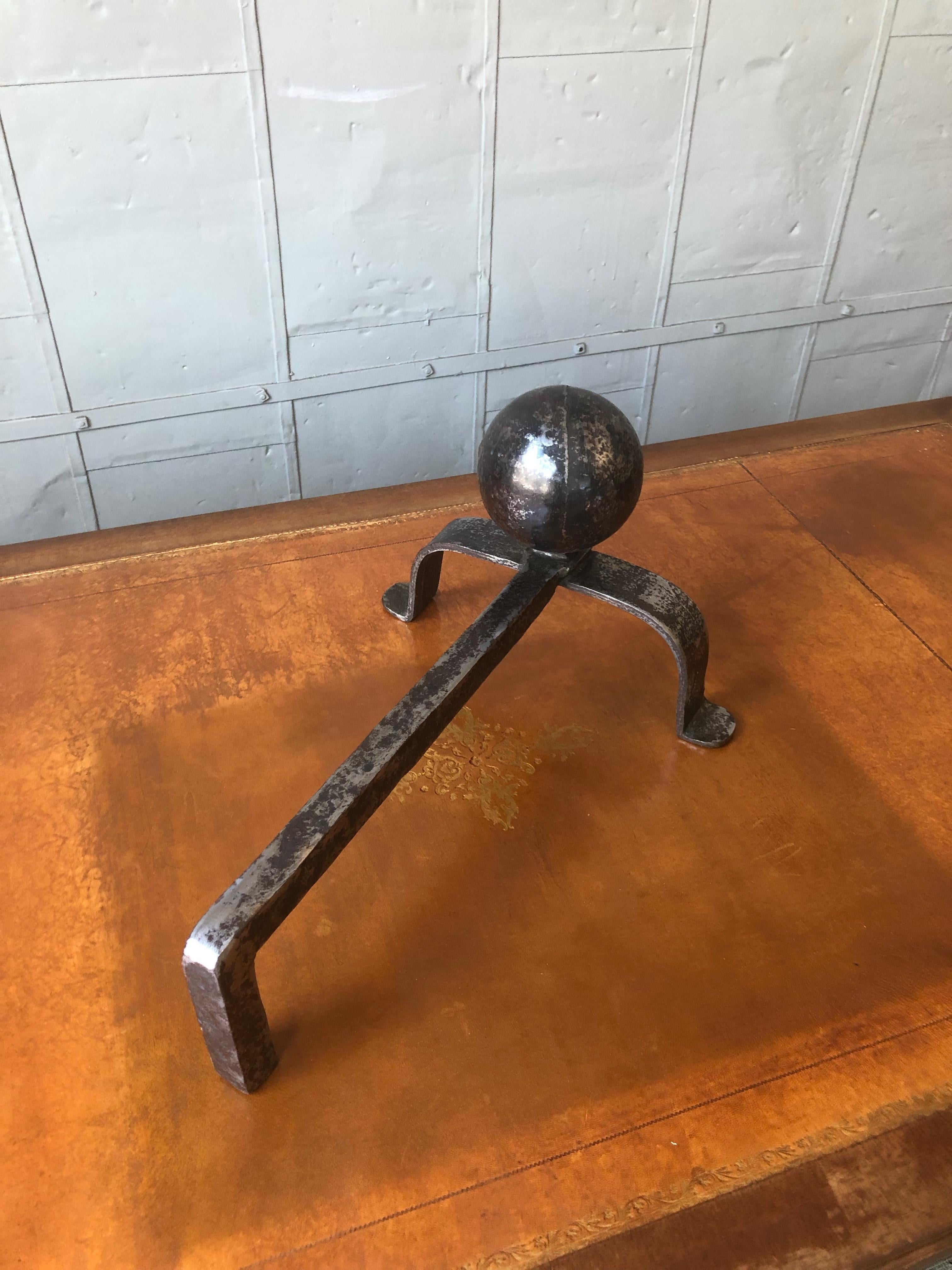 Early 20th Century Pair of Small Polished Iron Andirons with Large Ball Mounts