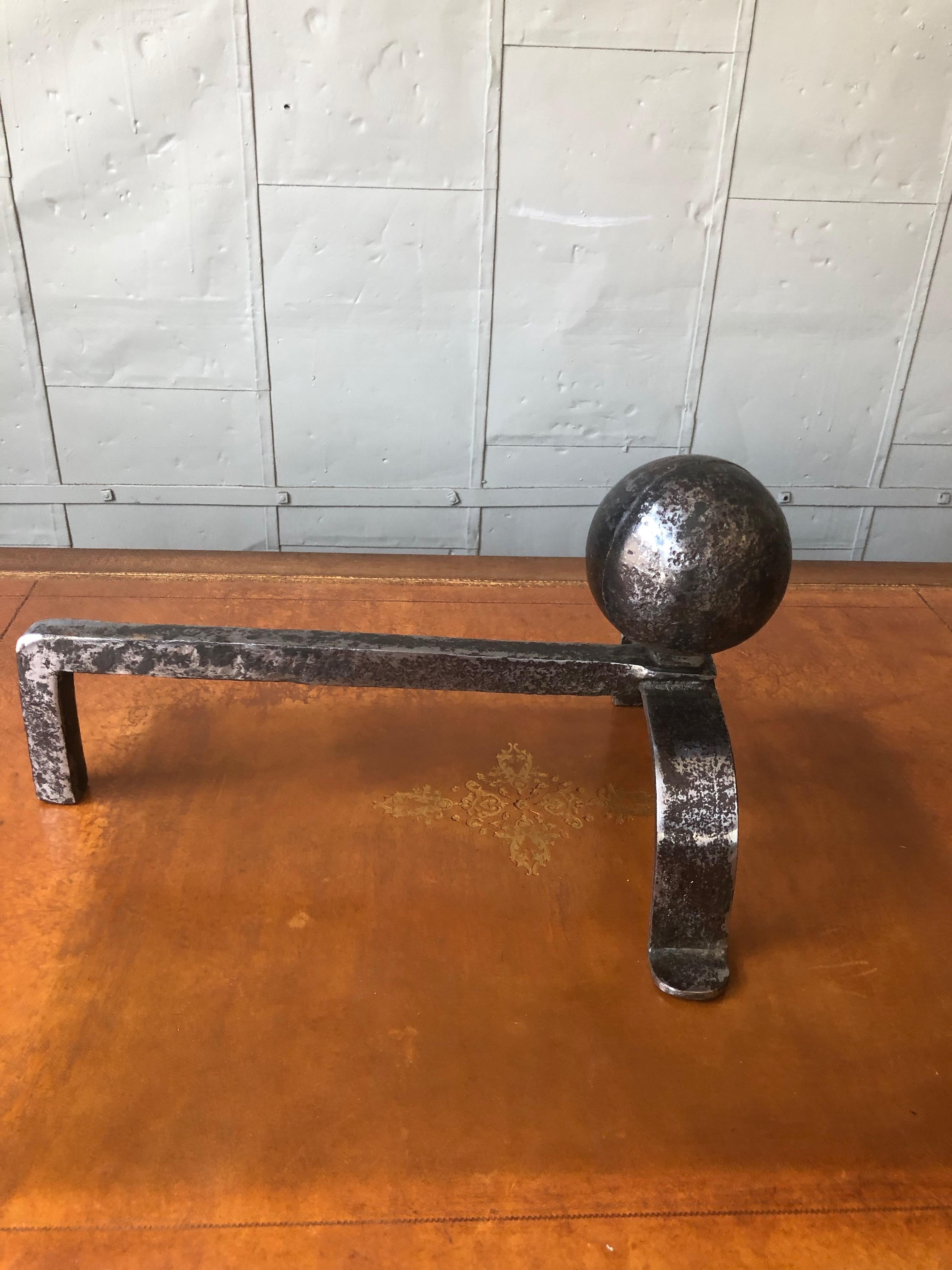 Pair of Small Polished Iron Andirons with Large Ball Mounts 1