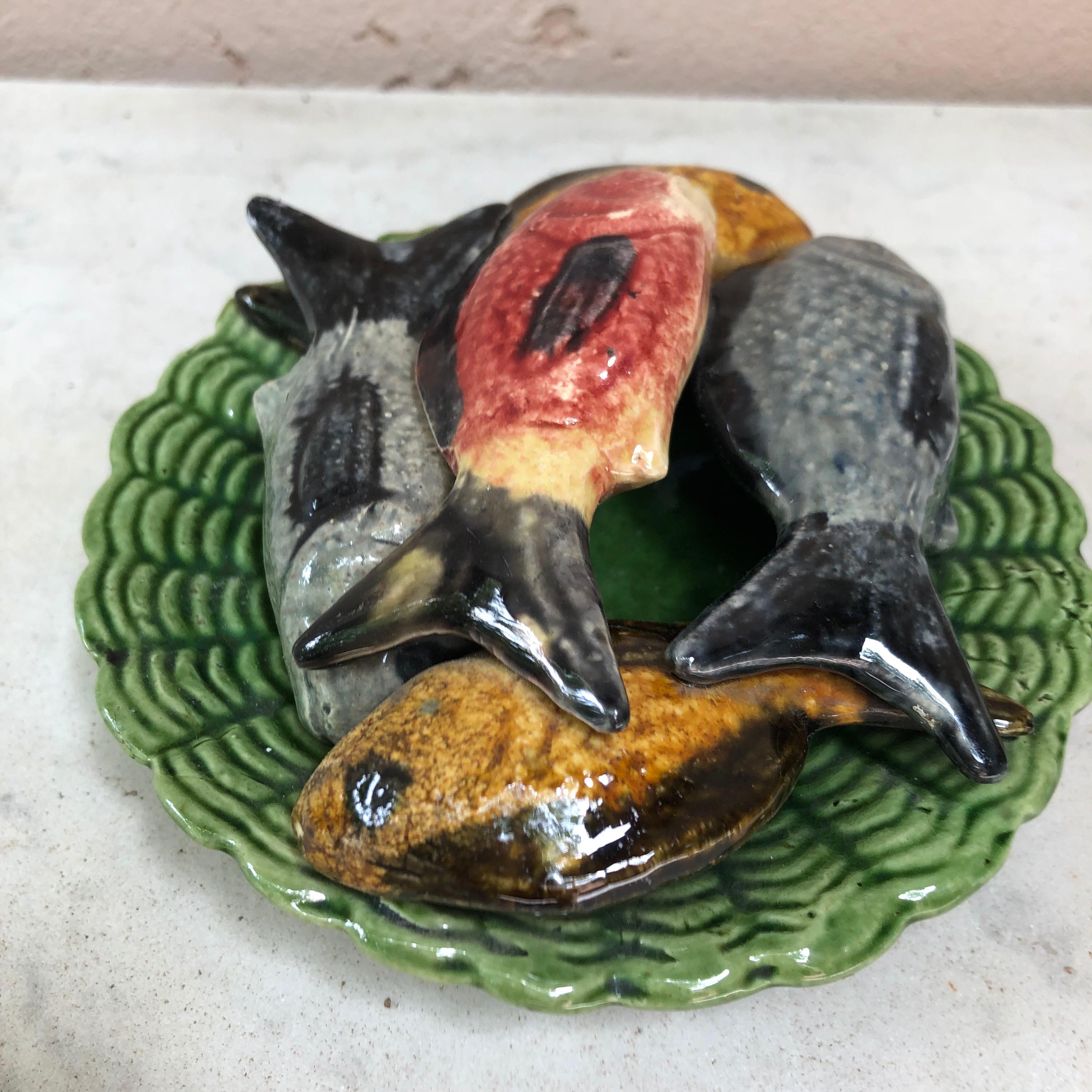 Country Pair of Small Portuguese Majolica Palissy Wall Fishs Platter Jose Alves Cunha For Sale