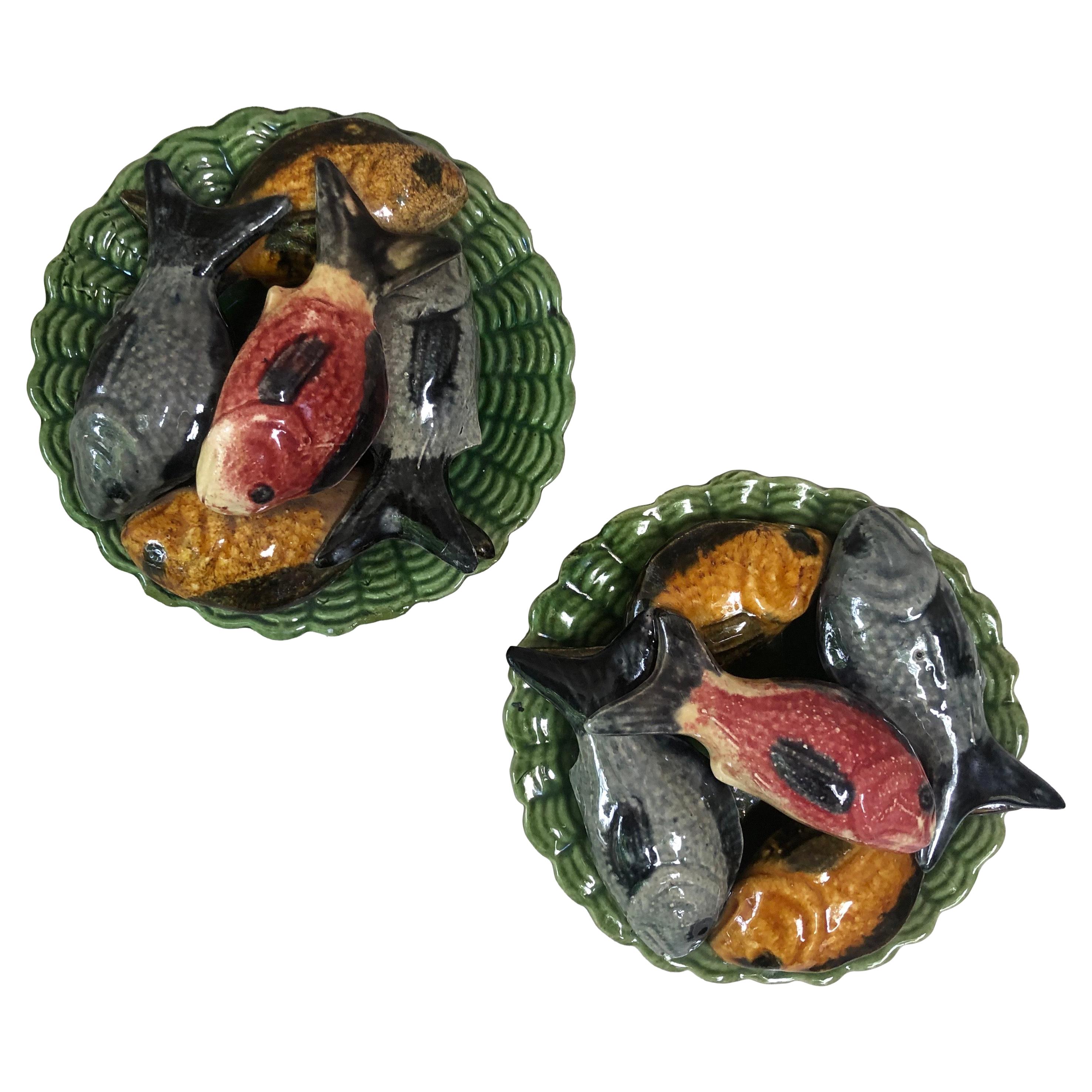 Pair of Small Portuguese Majolica Palissy Wall Fishs Platter Jose Alves Cunha For Sale