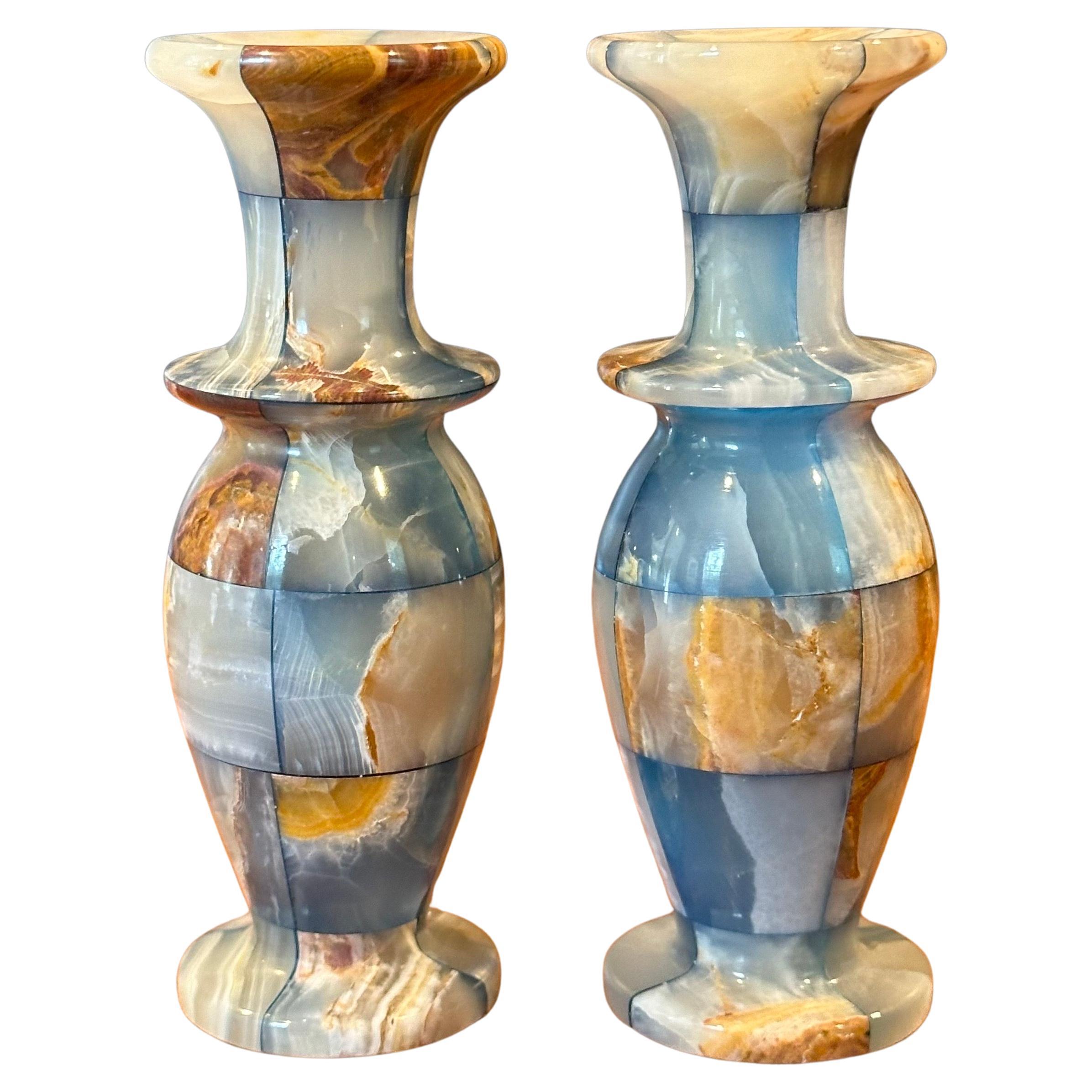 Pair of Small Post-Modern Patchwork Italian Marble Vases / Candleholders For Sale 6