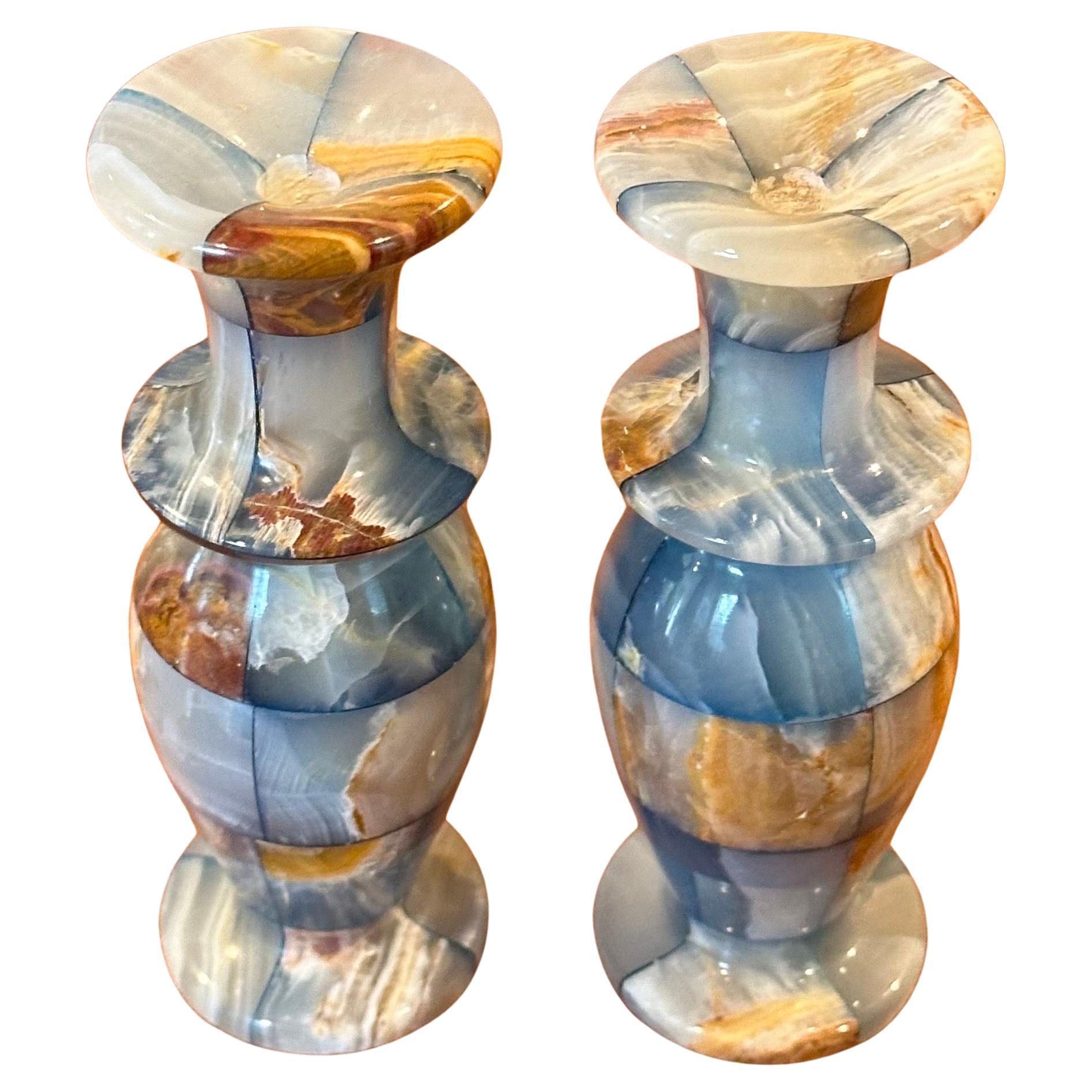 Pair of Small Post-Modern Patchwork Italian Marble Vases / Candleholders In Good Condition For Sale In San Diego, CA