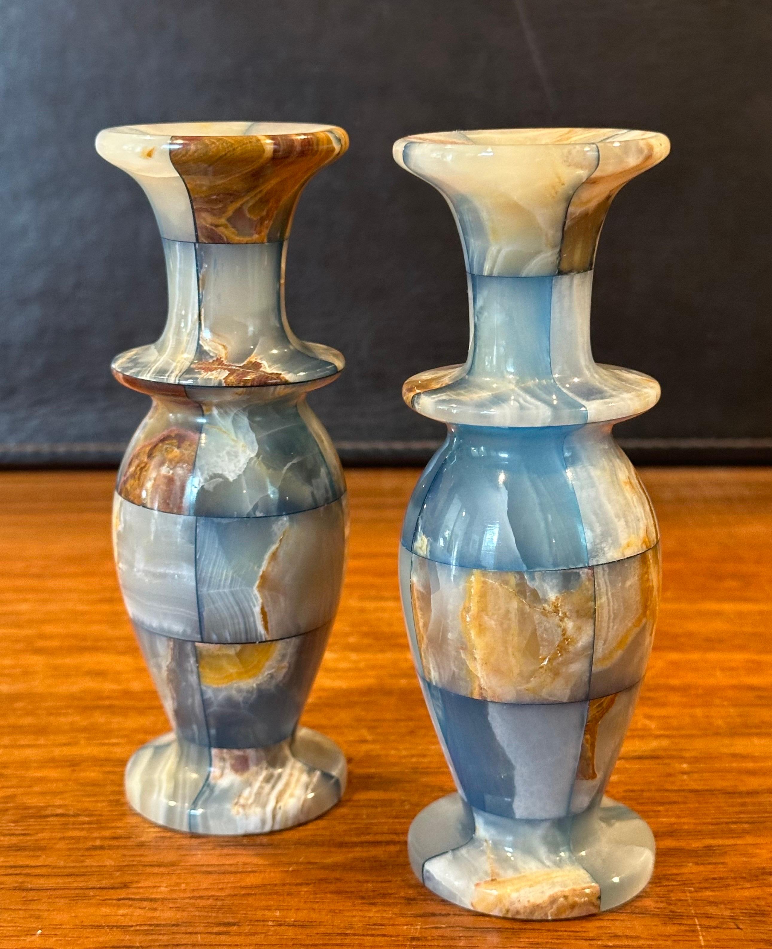 20th Century Pair of Small Post-Modern Patchwork Italian Marble Vases / Candleholders For Sale