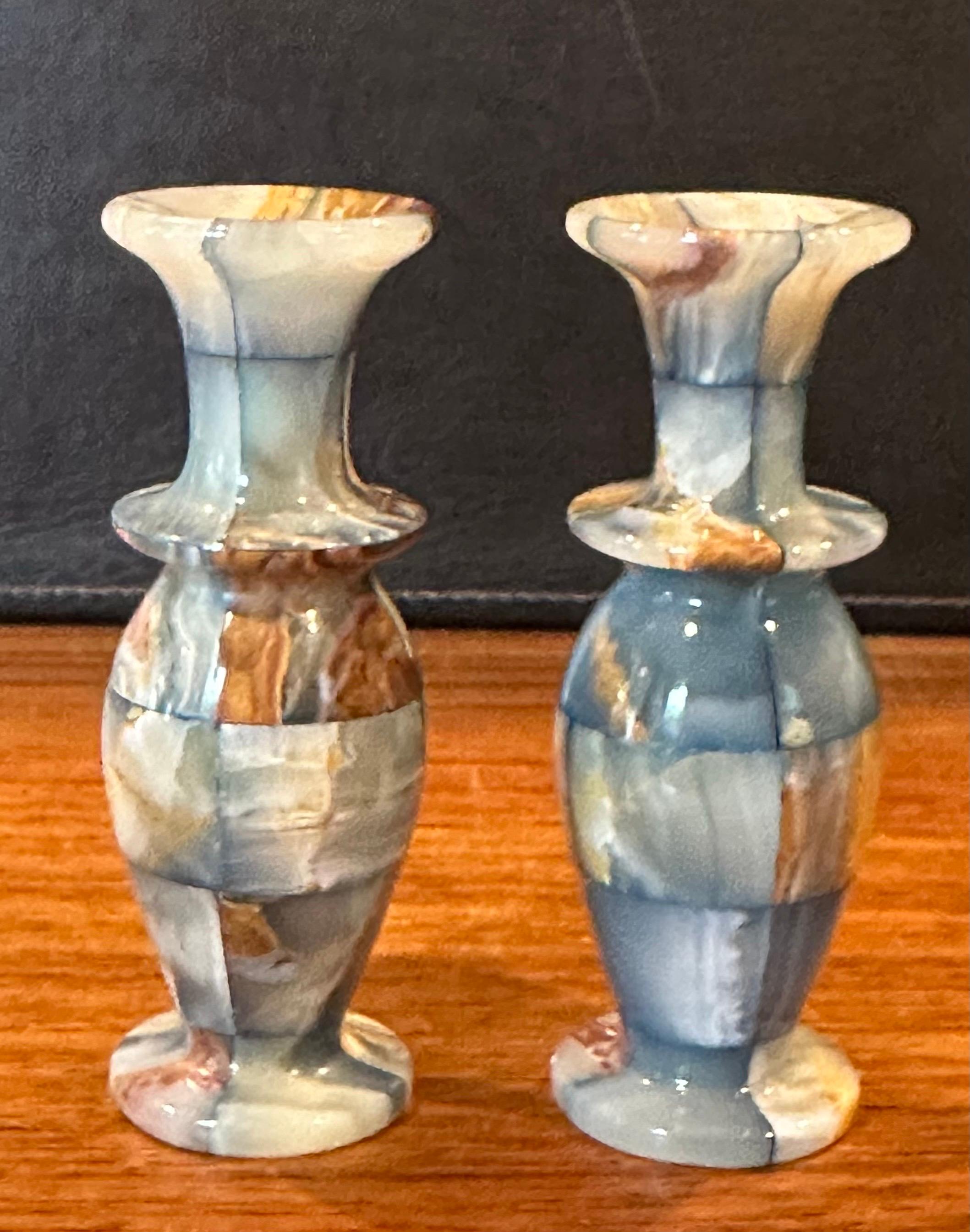 Pair of Small Post-Modern Patchwork Italian Marble Vases / Candleholders For Sale 1