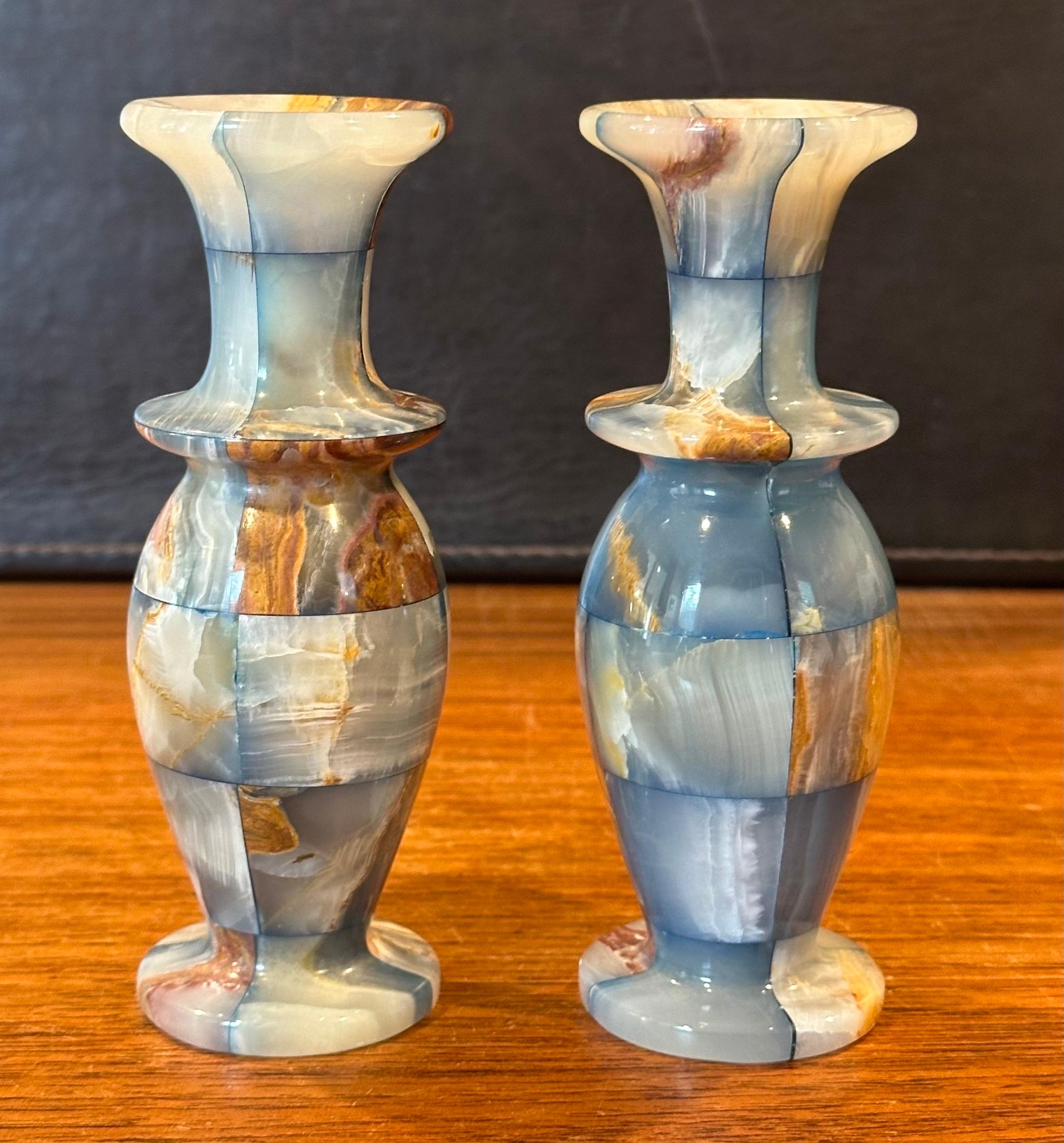 Pair of Small Post-Modern Patchwork Italian Marble Vases / Candleholders For Sale 2