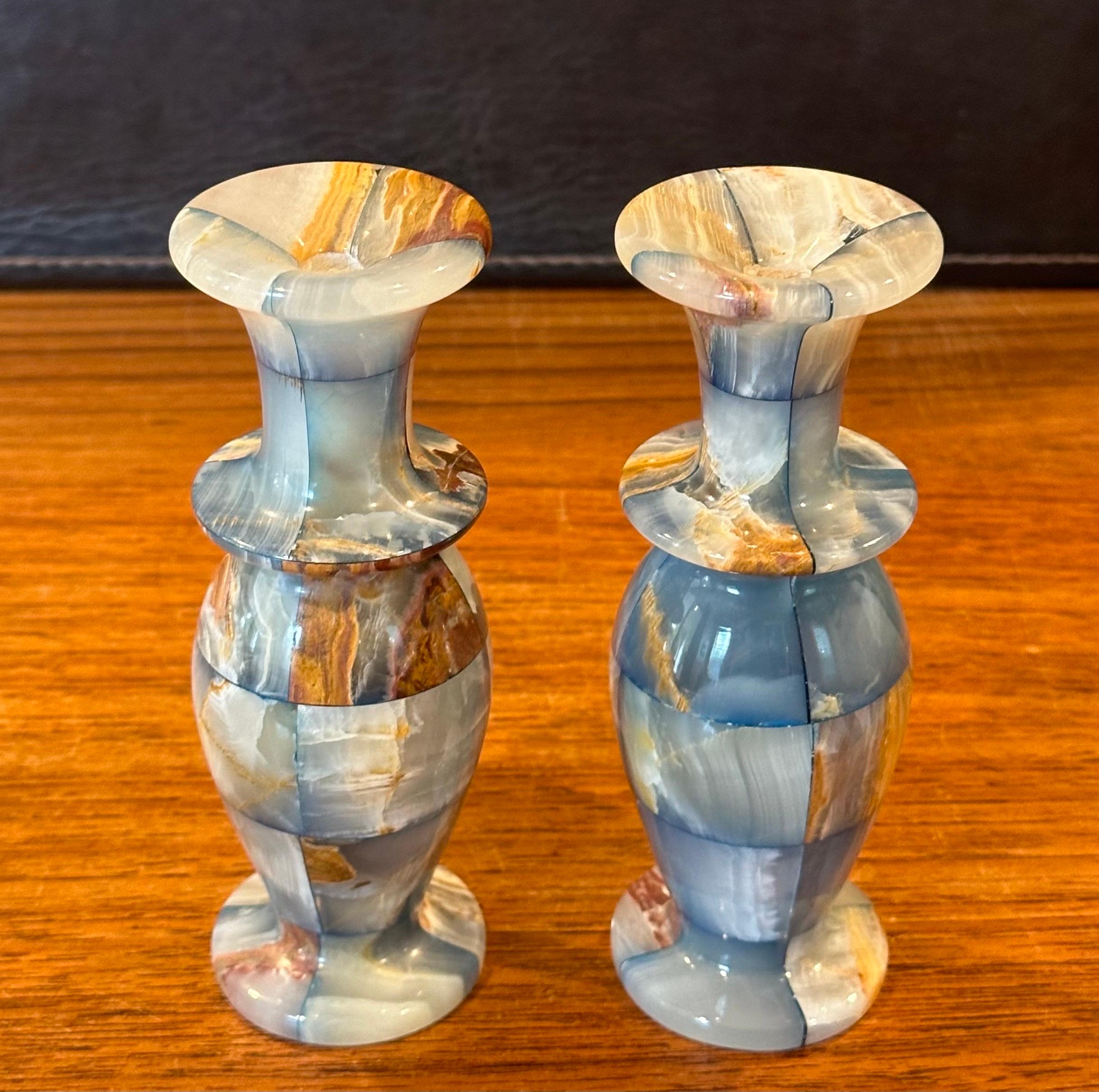 Pair of Small Post-Modern Patchwork Italian Marble Vases / Candleholders For Sale 3