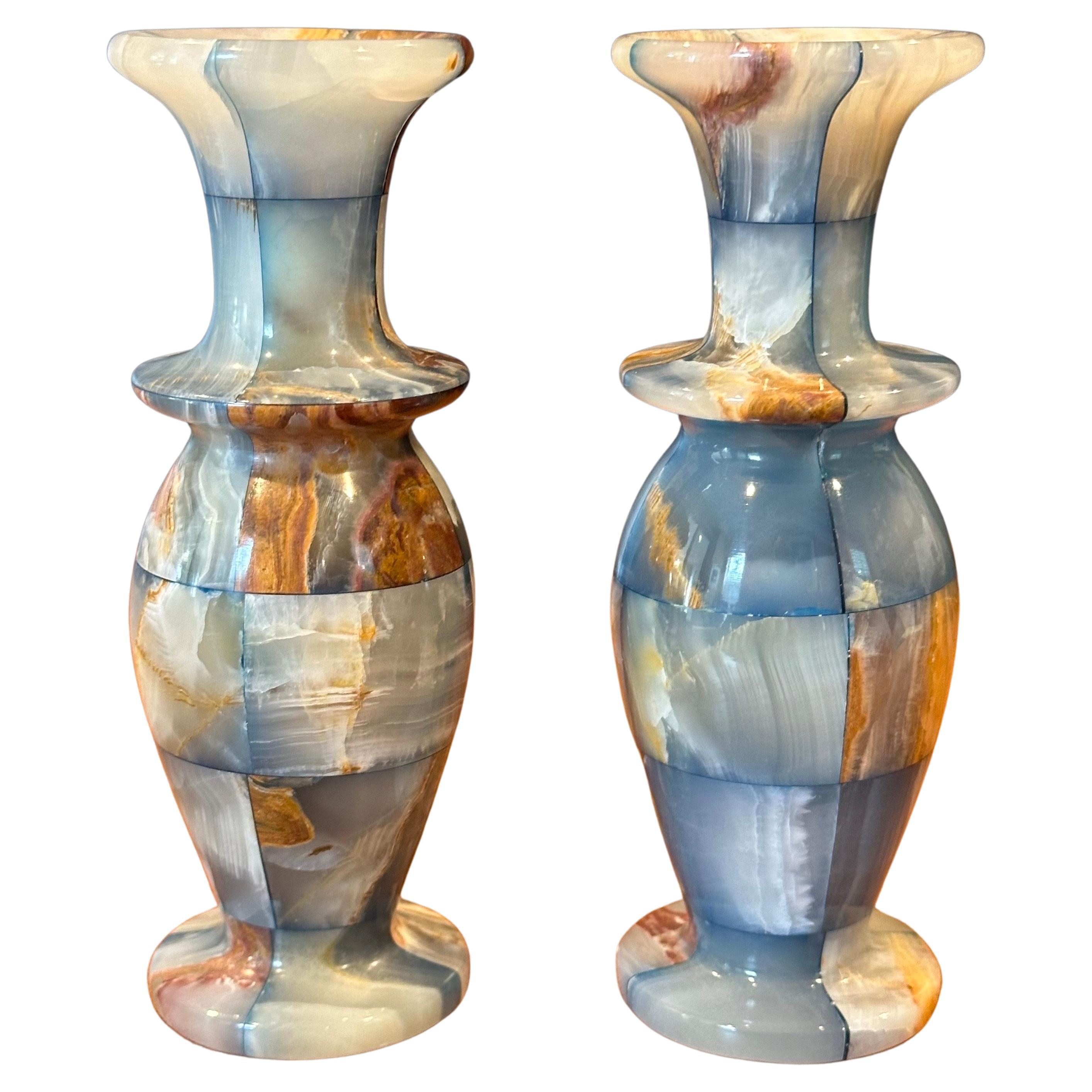 Pair of Small Post-Modern Patchwork Italian Marble Vases / Candleholders For Sale