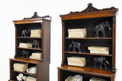 Pair of Small Proportioned English Rosewood Bookcases with Carved Pediment