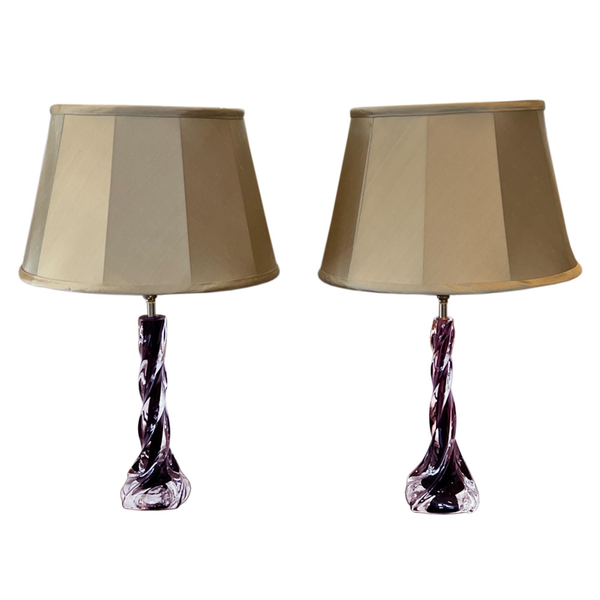 Hand-Crafted Pair of Small Purple Twisted Flygsfors Table Lamps