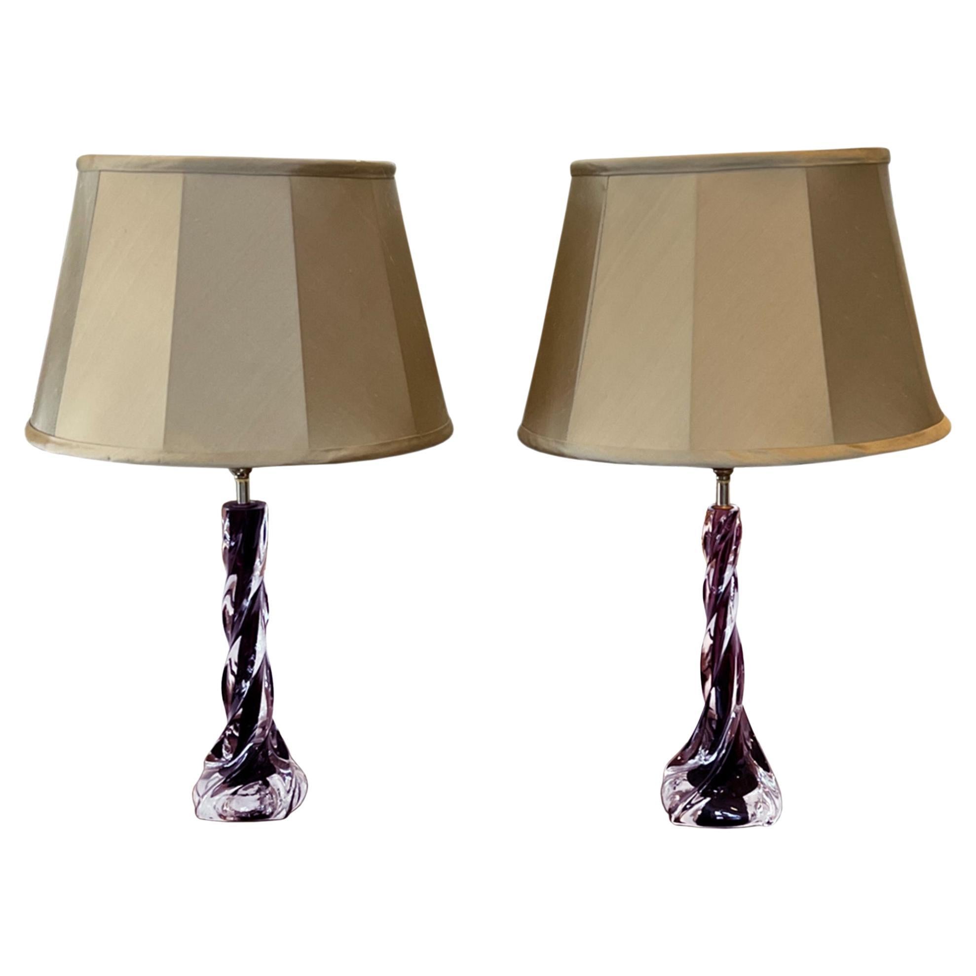 Pair of Small Purple Twisted Flygsfors Table Lamps