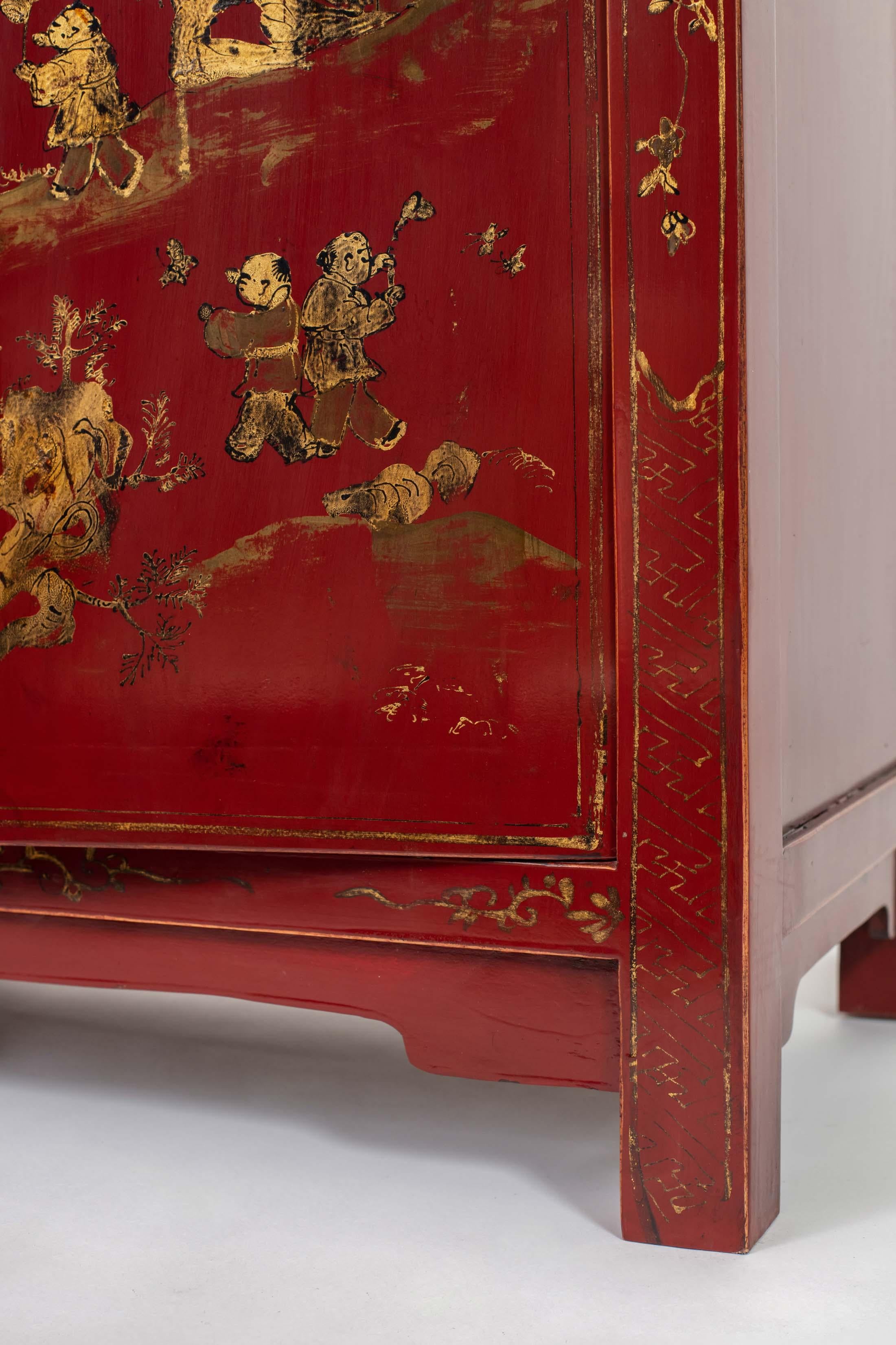 Pair of Small Red Lacquer Cabinets Handpainted with Gilt Children in Courtyard 5