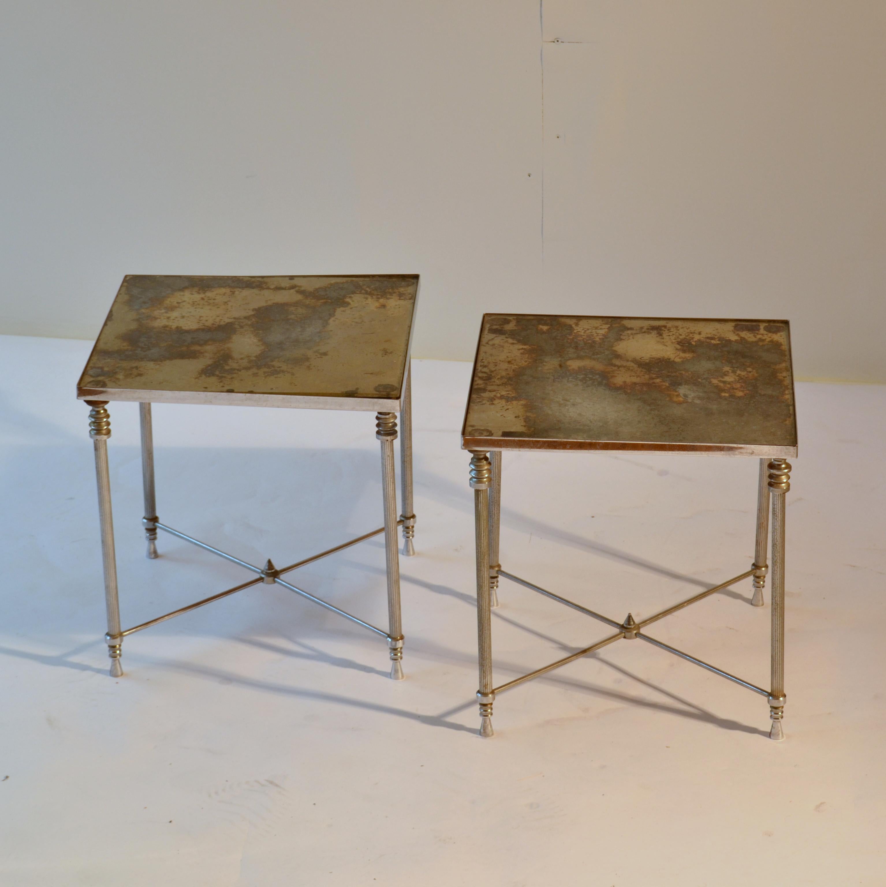 Hollywood Regency Pair of Regency Square Side Tables with Distressed Mirror Tops