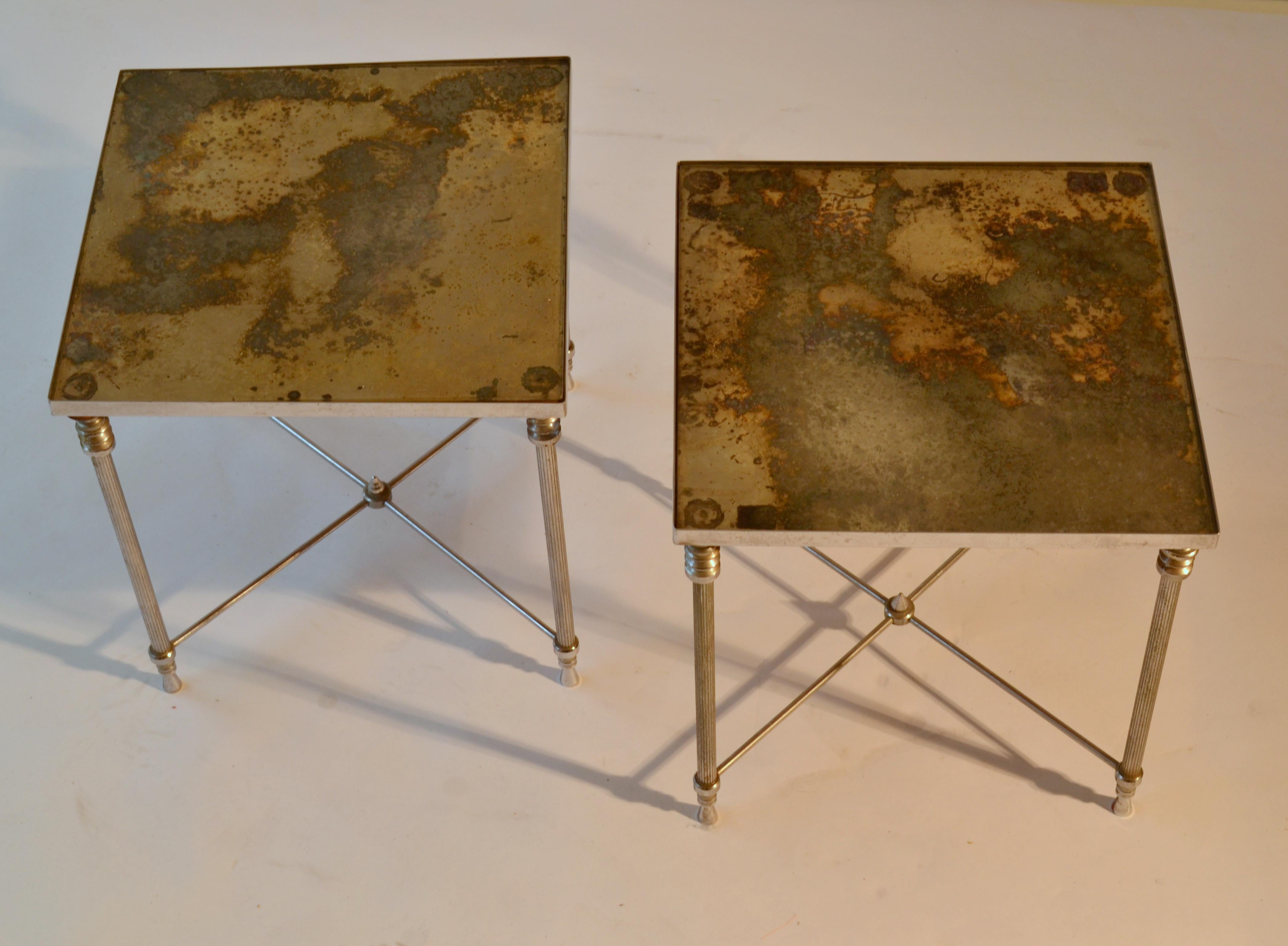 French Pair of Regency Square Side Tables with Distressed Mirror Tops