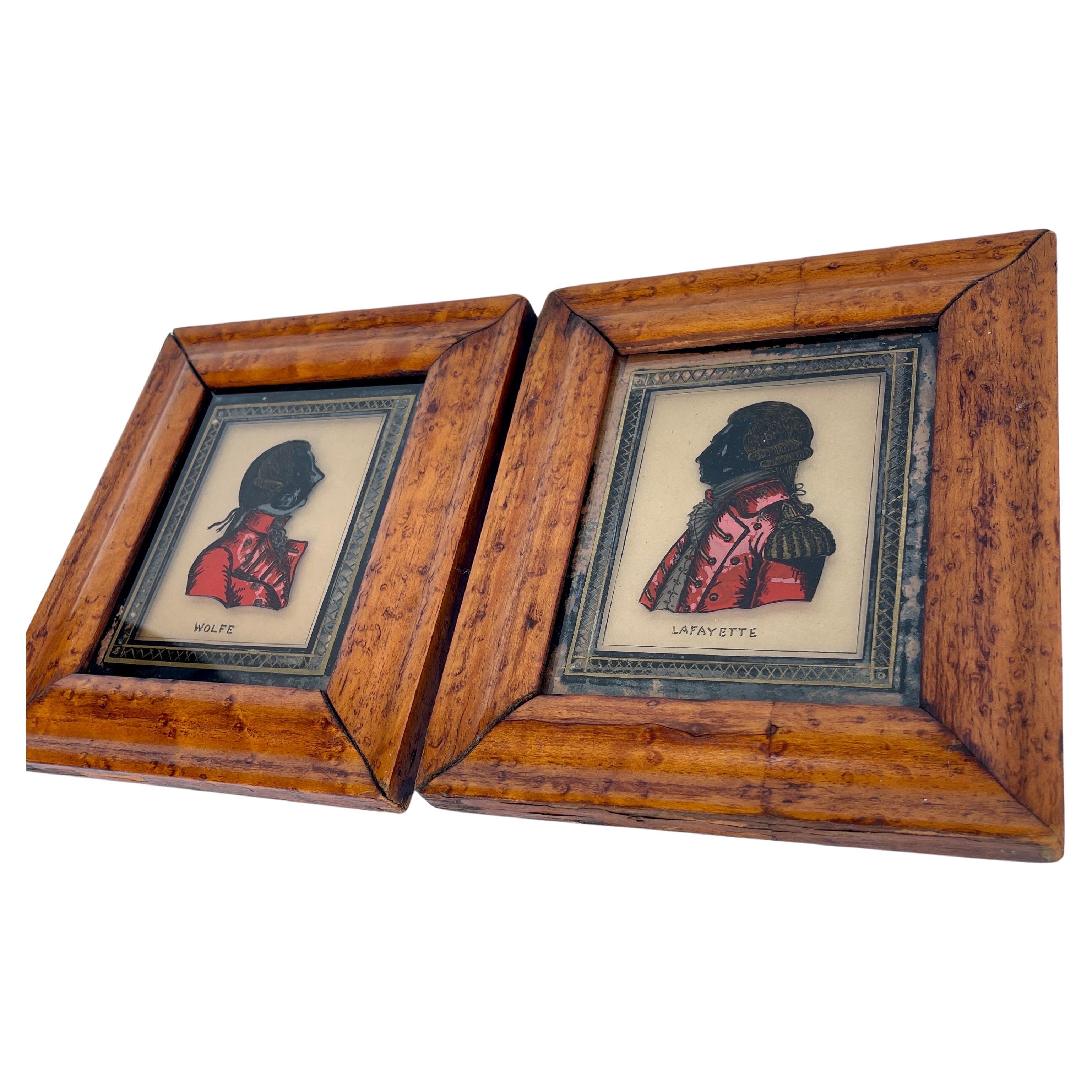 Hand-Crafted Pair of Small Reverse Painted Glass Portraits of Nobility in Burl Wood Frames For Sale