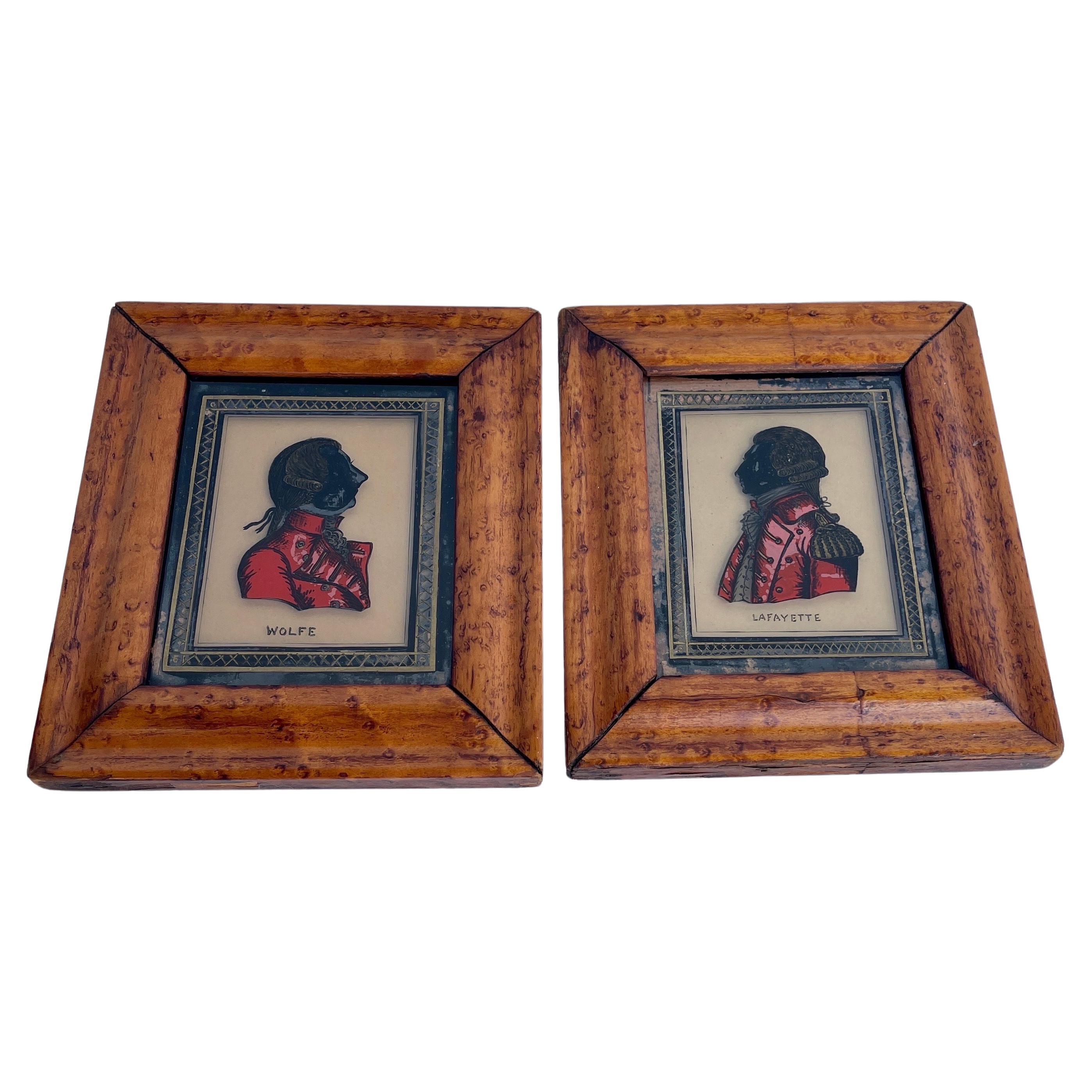 Pair of Small Reverse Painted Glass Portraits of Nobility in Burl Wood Frames In Good Condition For Sale In Haddonfield, NJ