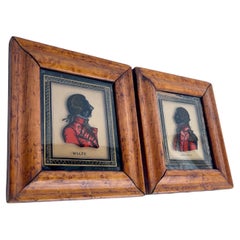 Antique Pair of Small Reverse Painted Glass Portraits of Nobility in Burl Wood Frames