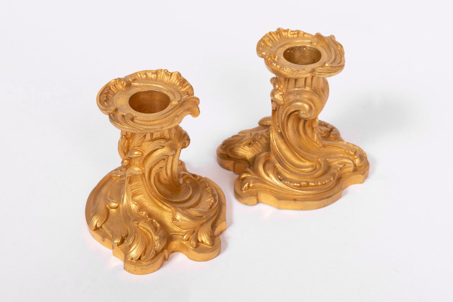Rococo Pair of Small Rocaille Style Candlesticks in Gilt Bronze, Late 19th Century
