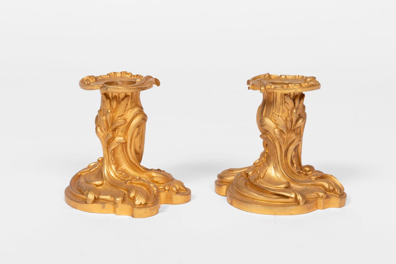French Pair of Small Rocaille Style Candlesticks in Gilt Bronze, Late 19th Century