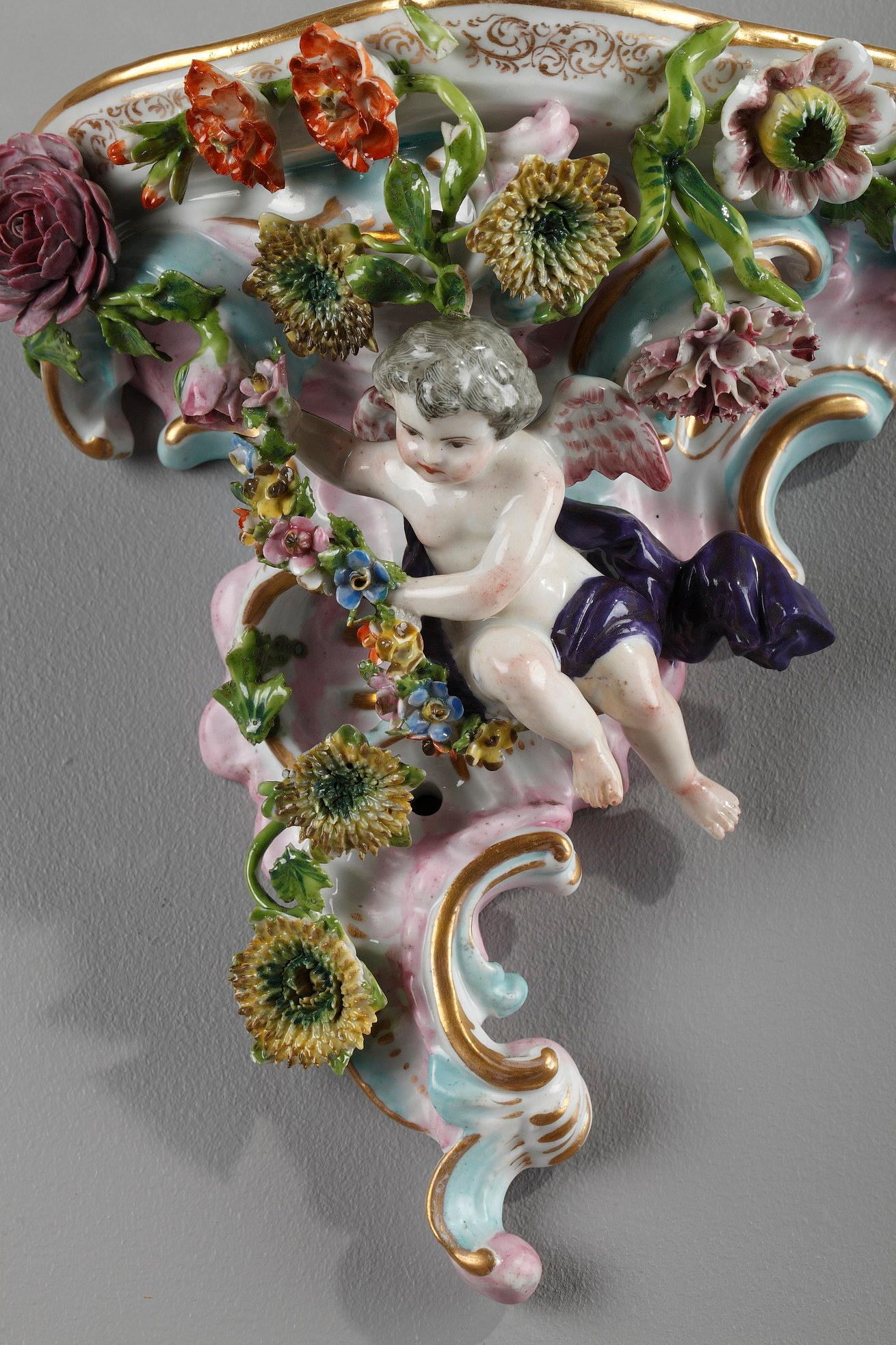 Porcelain Pair of Small Rococo Wall Consoles in the Style of Meissen Manufacture