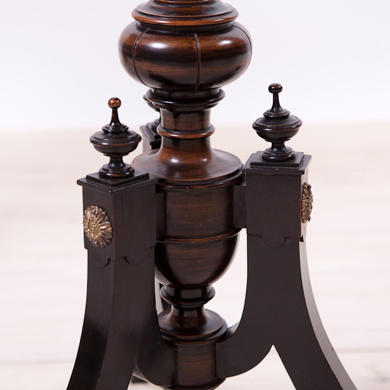 Brass Pair of Small Round French Napoleon III Ebonized Side Tables w Marquetry, c 1870