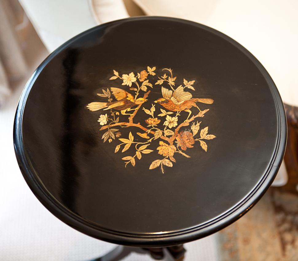 Pair of Small Round French Napoleon III Ebonized Side Tables w Marquetry, c 1870 3