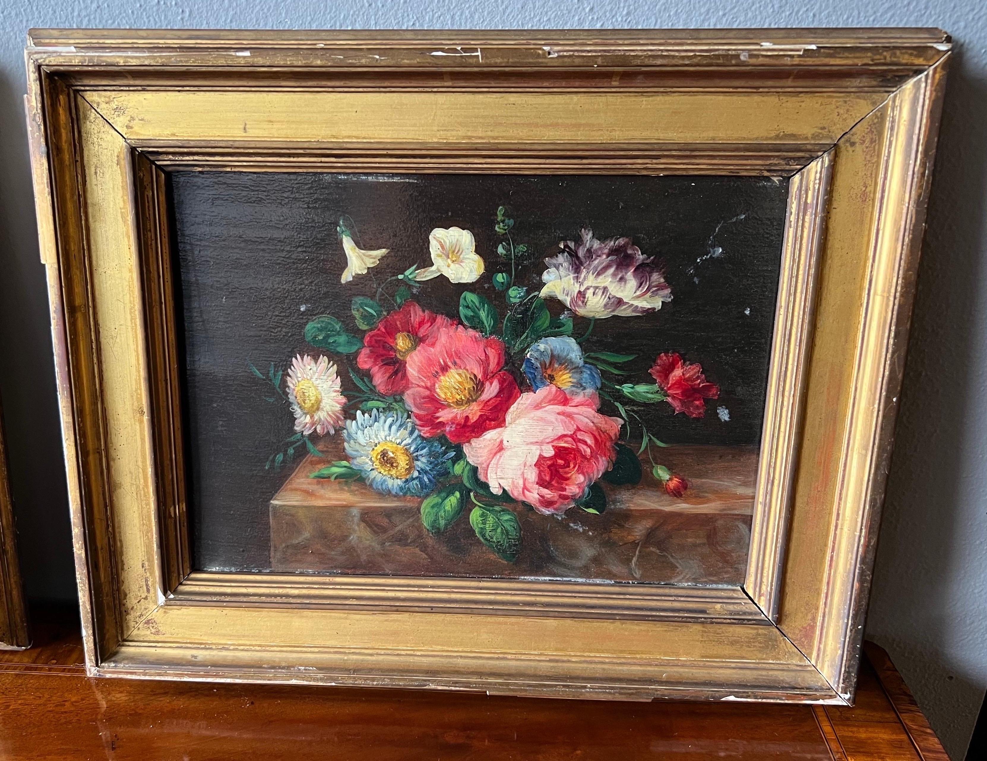 Great pair of small scale 18th- 19th century Flemish school oil on board still life paintings in Giltwood frames.