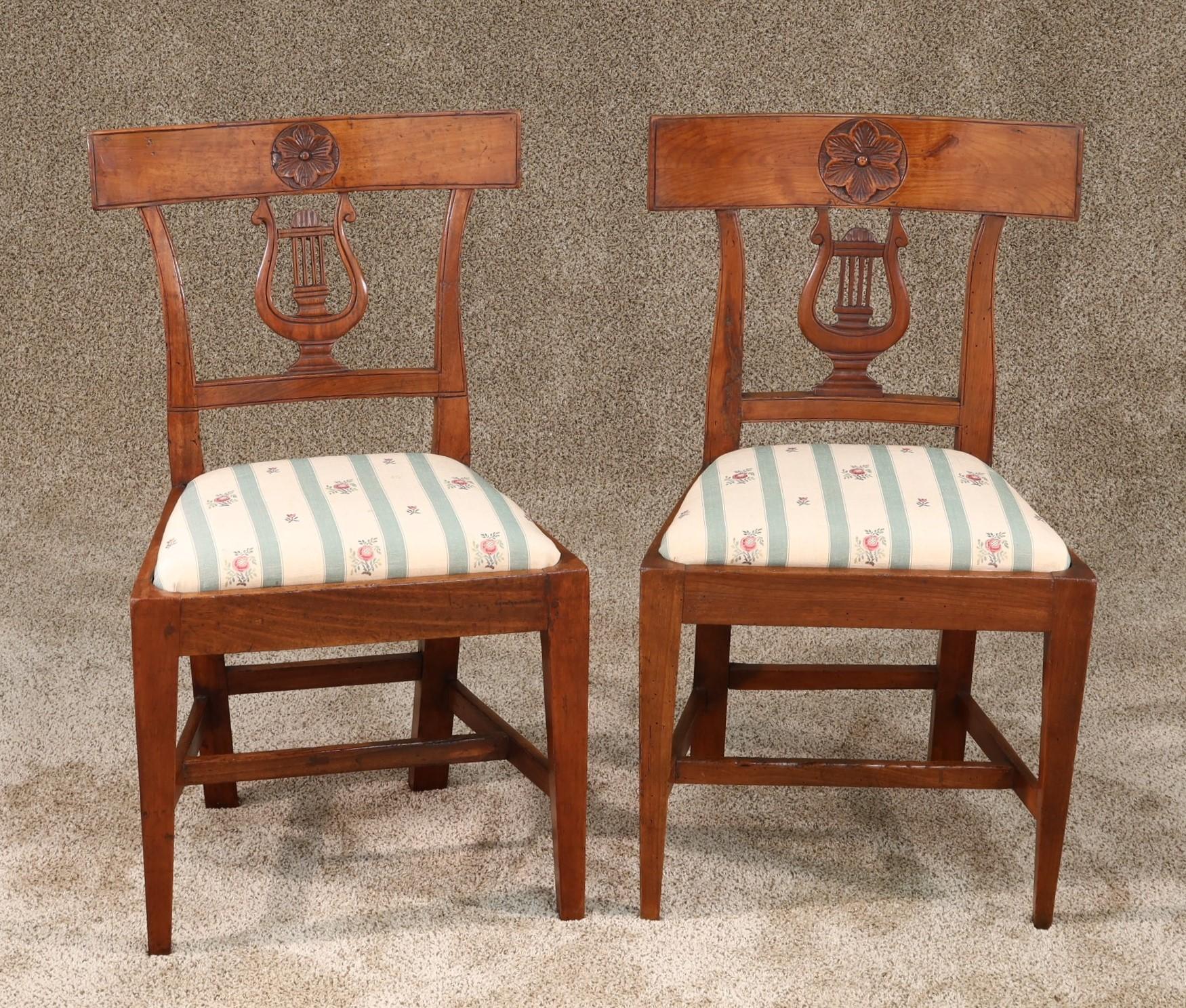 French Provincial Pair of Small Scale French Fruitwood Side Chairs with Carving, circa 1850 For Sale