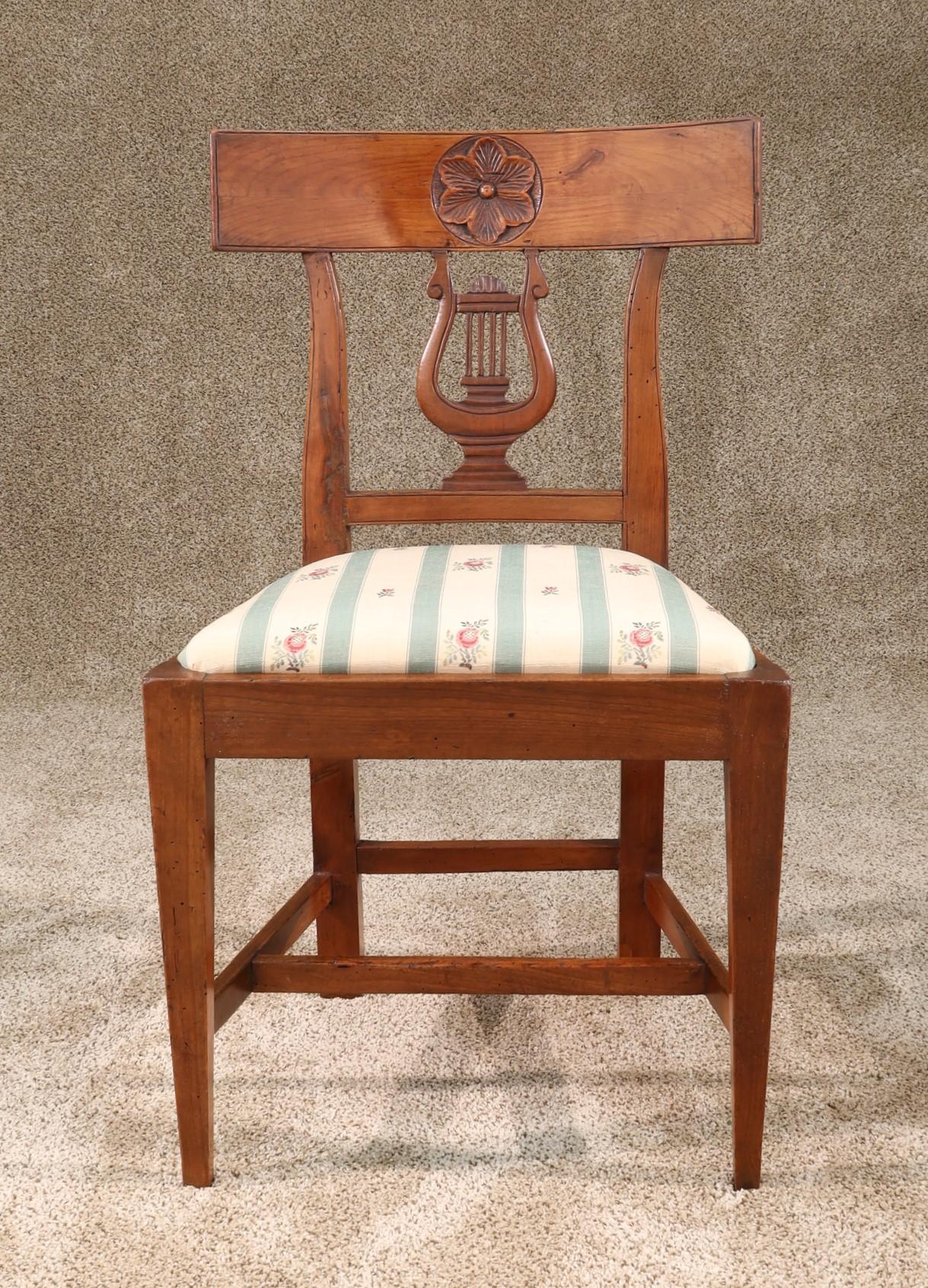 Hand-Crafted Pair of Small Scale French Fruitwood Side Chairs with Carving, circa 1850 For Sale