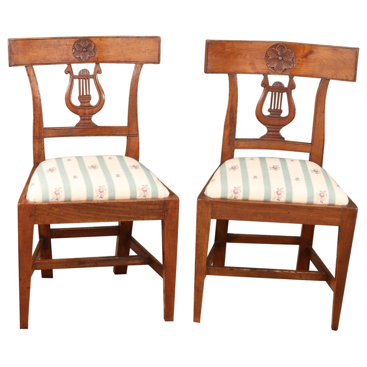 Pair of Small Scale French Fruitwood Side Chairs with Carving, circa 1850 For Sale