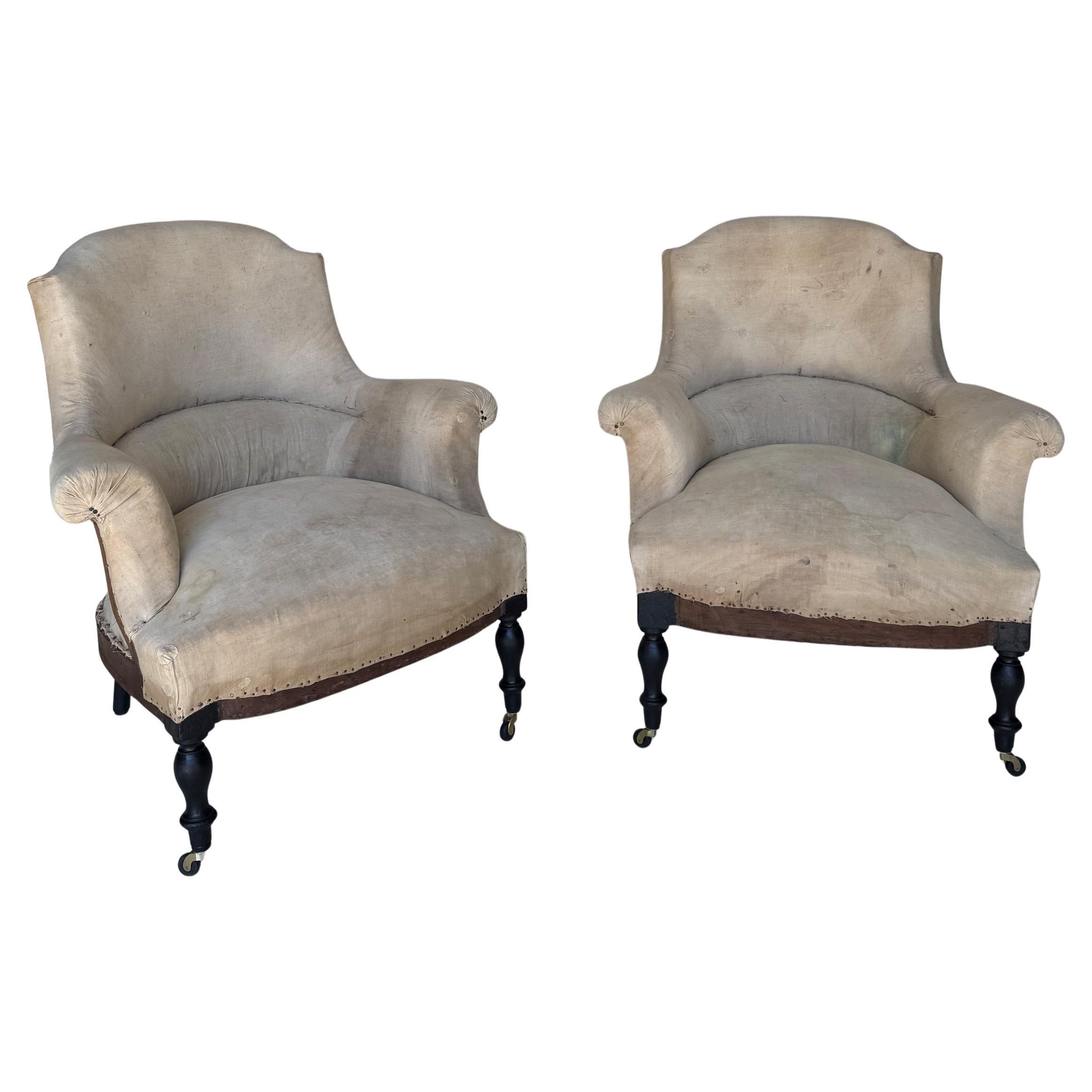 Pair of Small Scale French Napoleon III Armchairs in Muslin