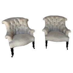 Antique Pair of Small Scale French Napoleon III Armchairs with Diamond Tufting