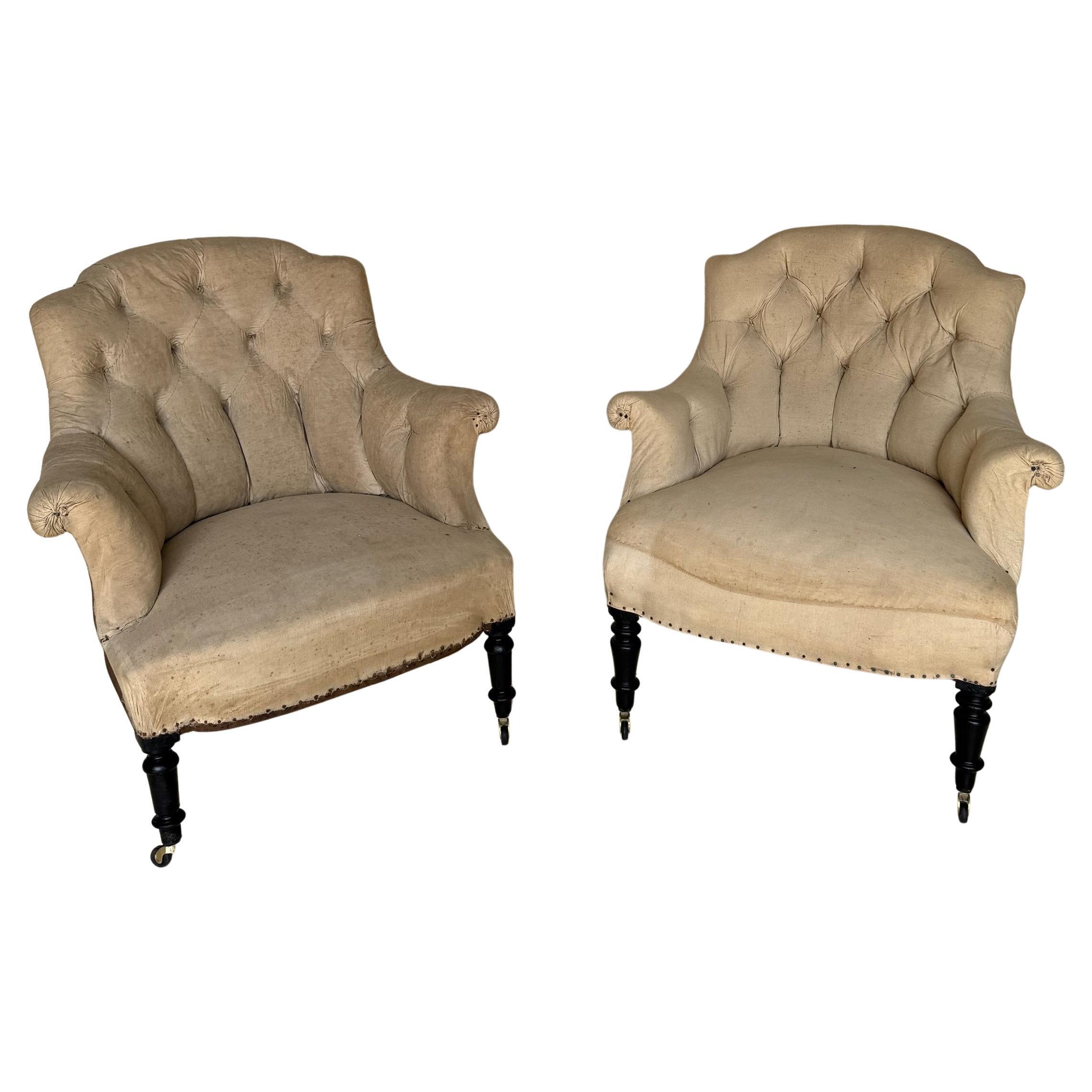 Pair of Small Scale French Napoleon III Armchairs with Diamond Tufting