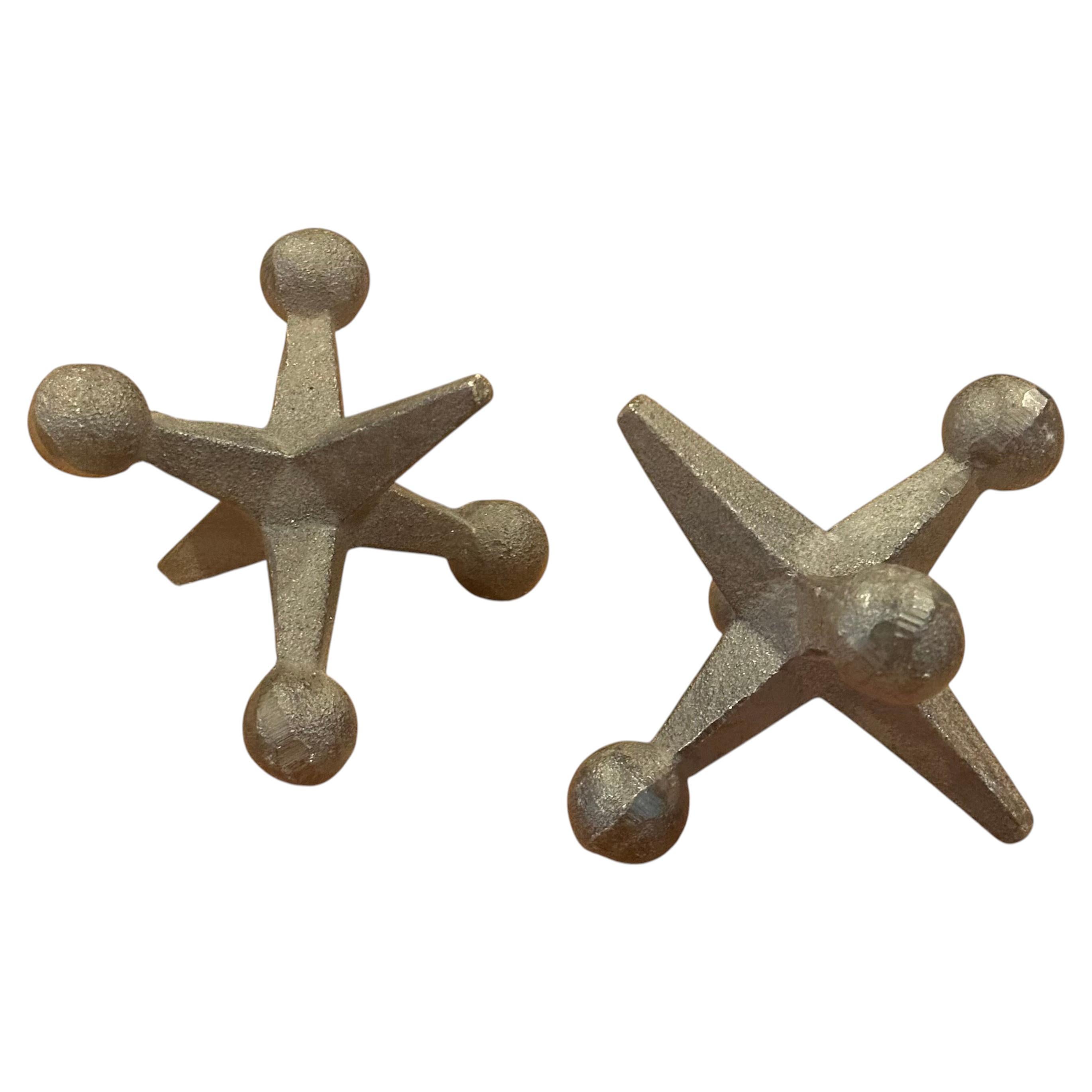 Pair of Small Sculptural Brass Jack / Jax Bookends in the Style of Bill Curry