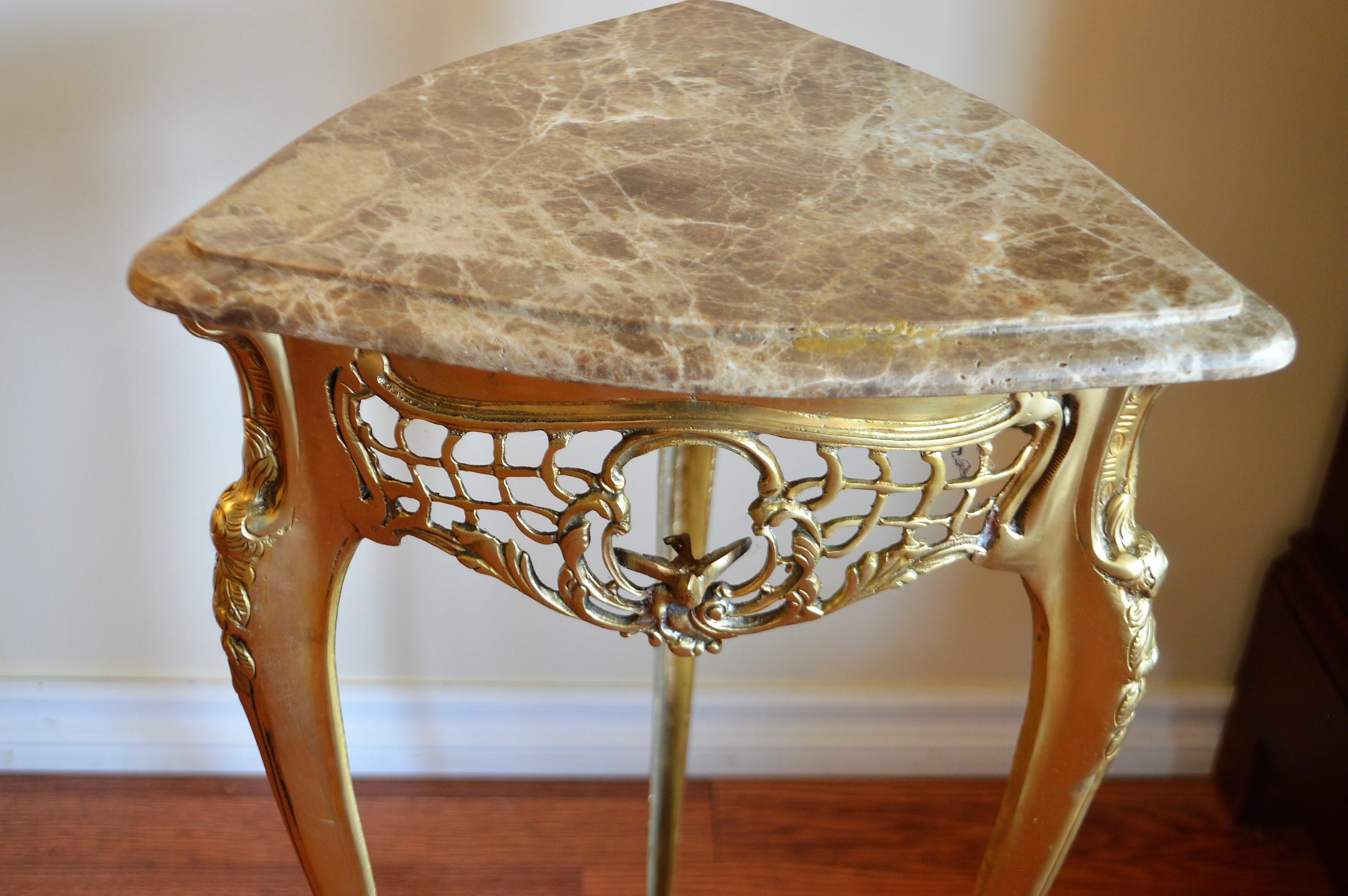 Gilt Pair of Small Side Tables, Bronze Base, Highly Decorative, Lace, Birds, Marble